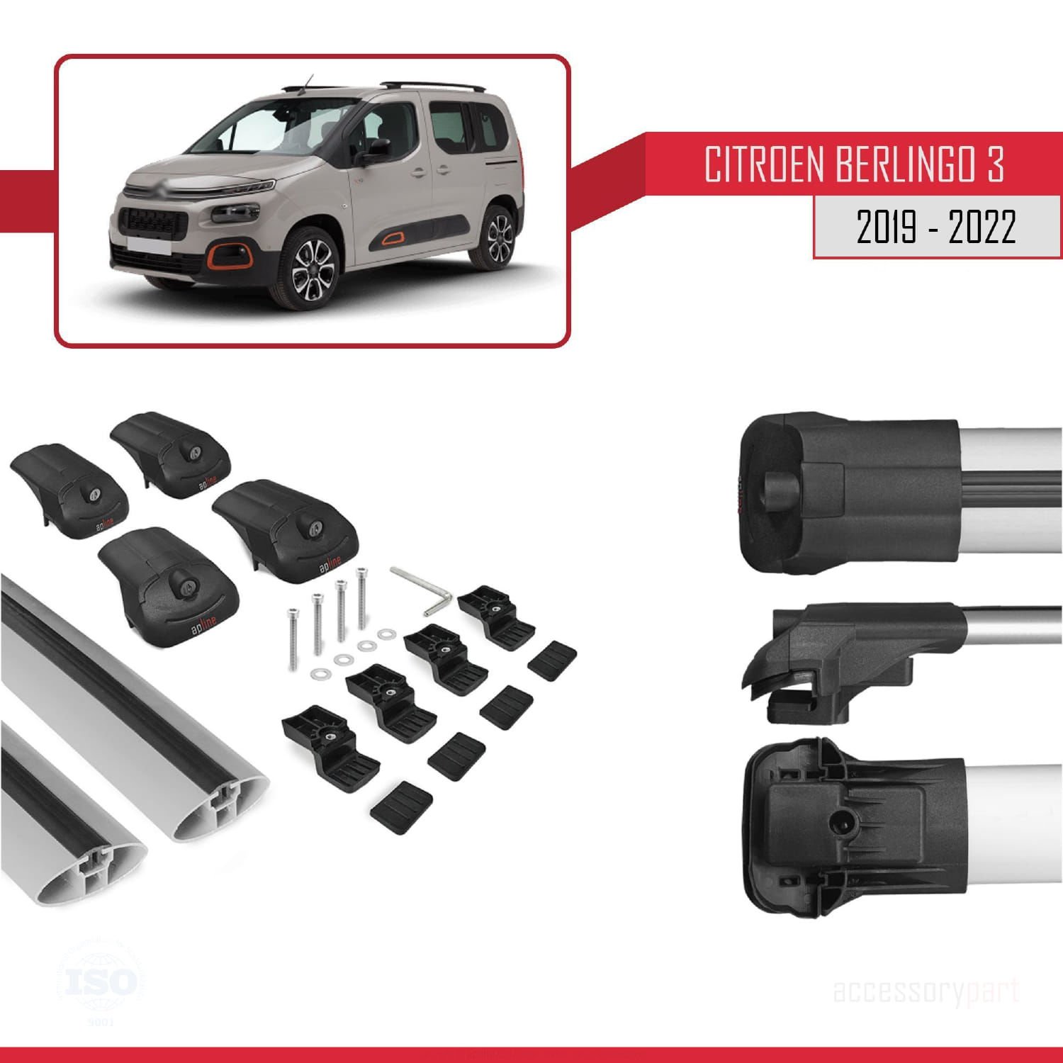 Citroen Berlingo 2019-2022 Arası ile uyumlu ACE-1 Ara Atkı Tavan Barı GRİ