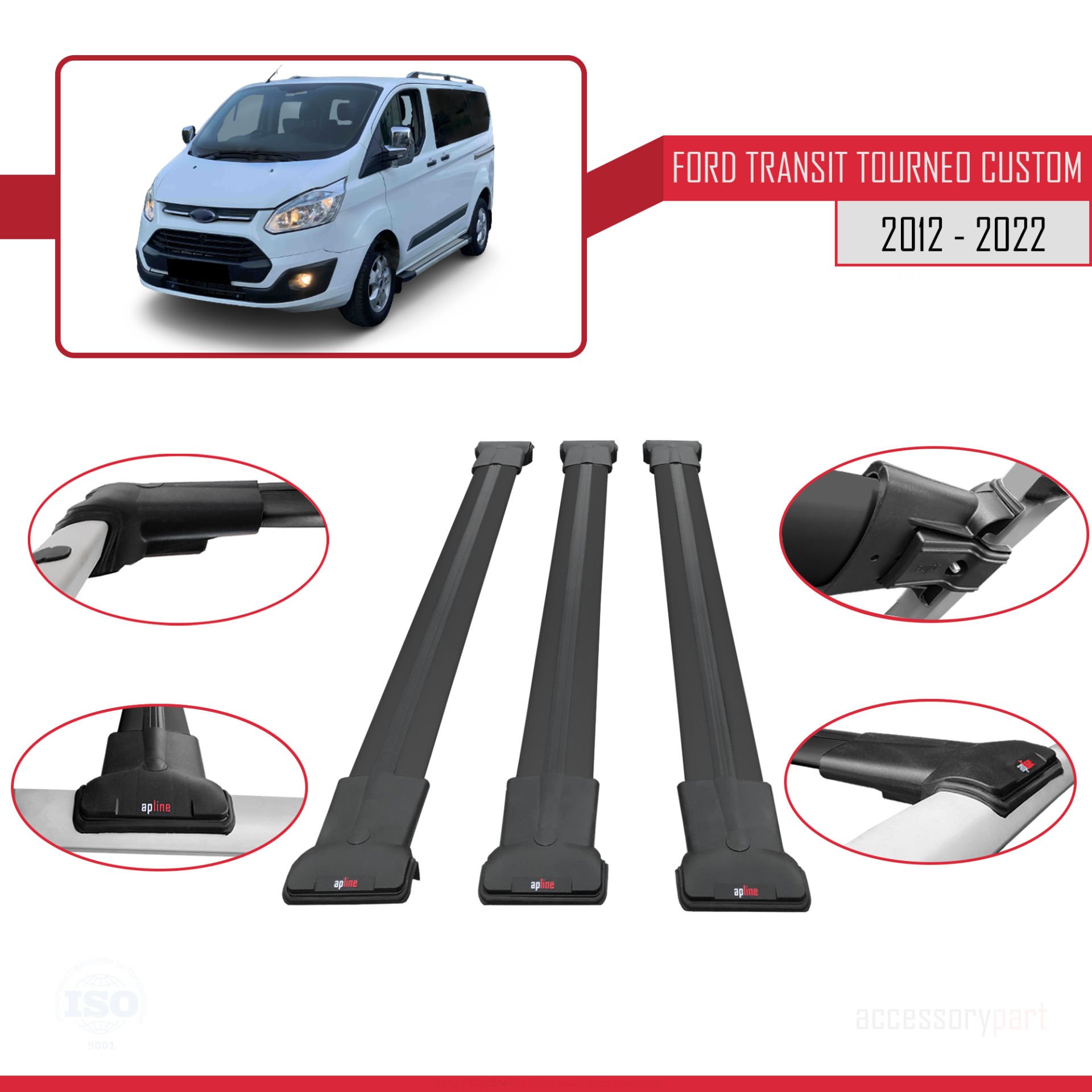 Ford Transit Tourneo - Custom 2012-2023 Arası ile uyumlu FLY Model Ara Atkı Tavan Barı SİYAH 3 ADET BAR