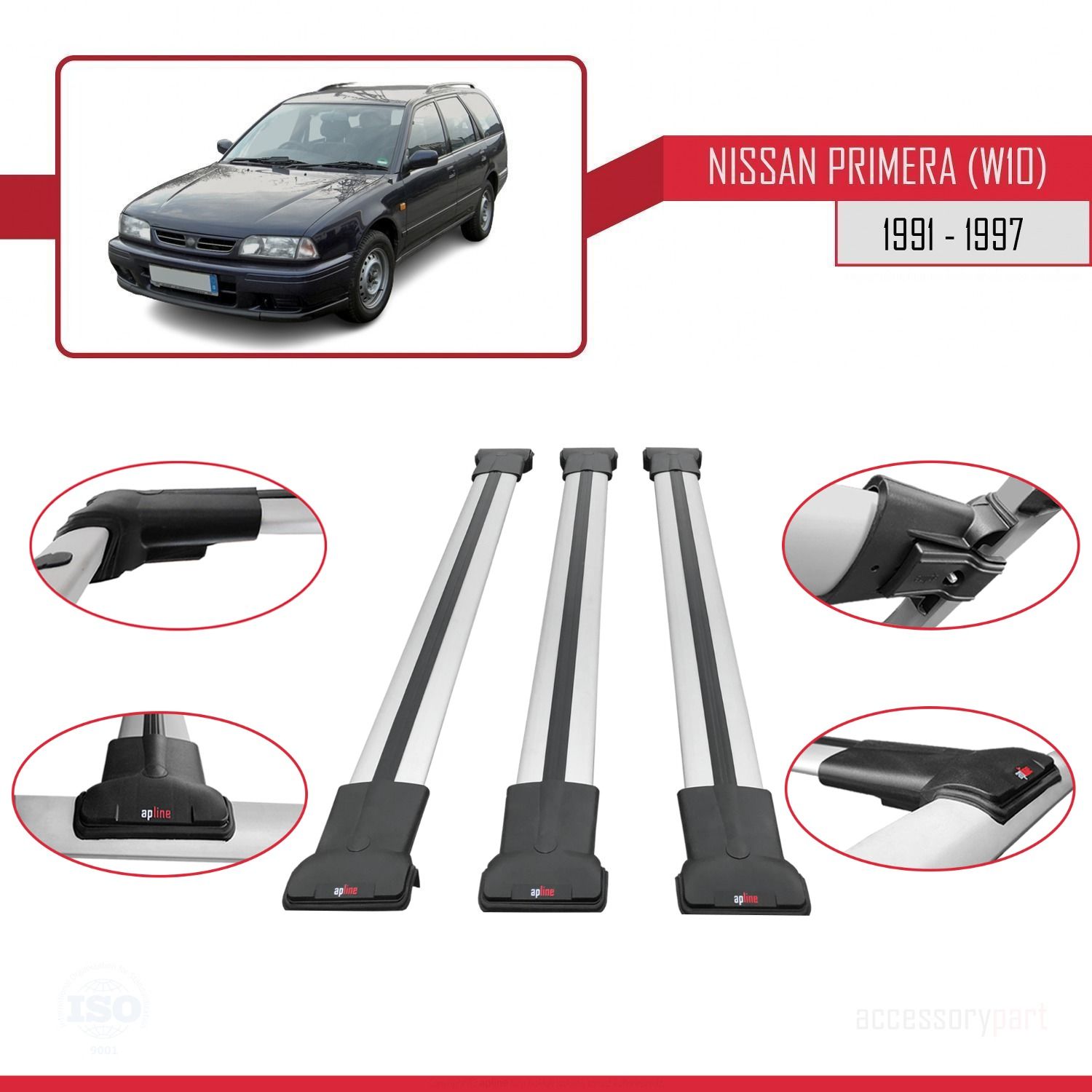 Nissan Primera (W10) 1991-1997 Arası ile Uyumlu FLY Model Ara Atkı Tavan Barı GRİ 3 ADET BAR