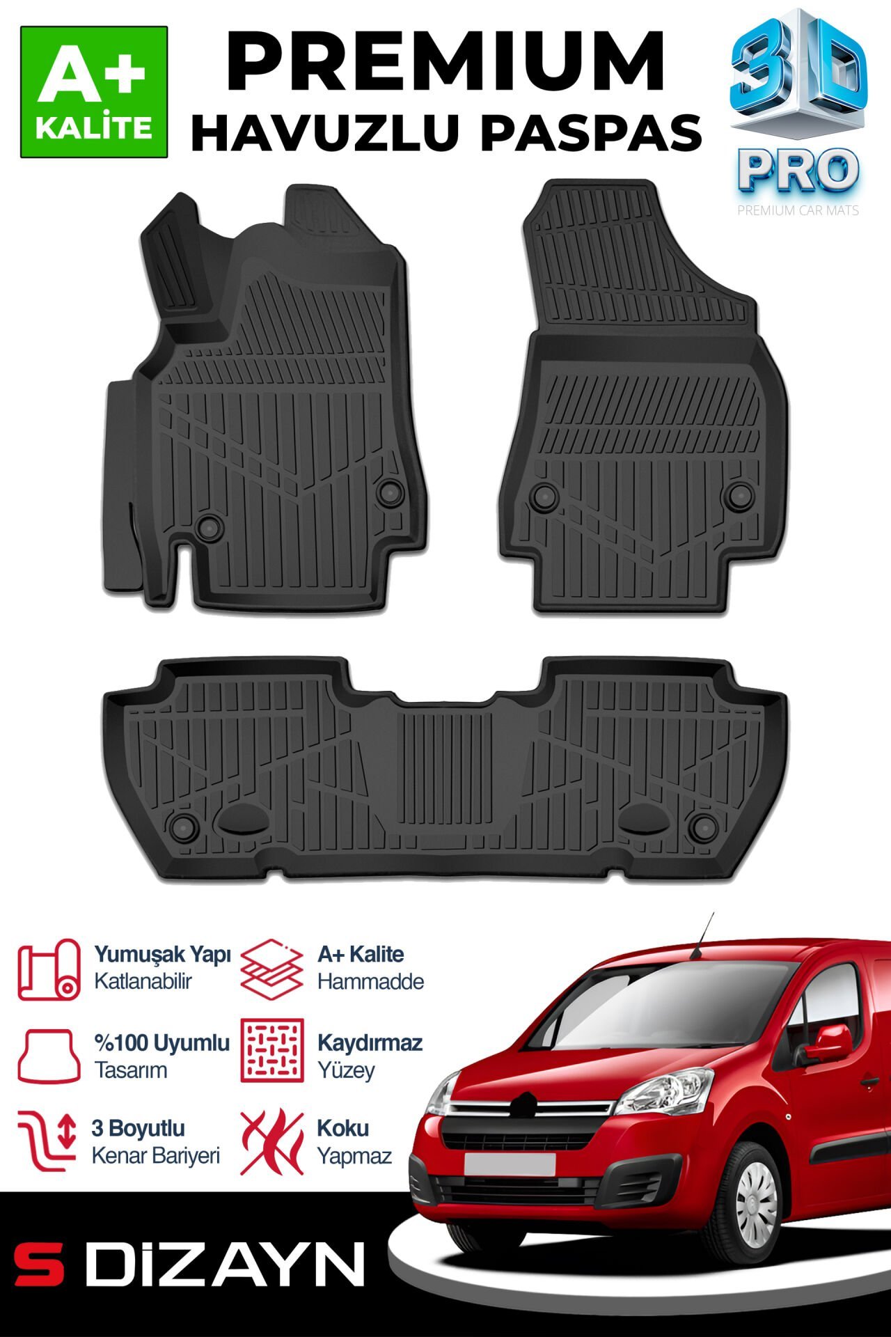 S-Dizayn Citroen Berlingo 3D Pro Havuzlu Paspas 2008-2018 Üzeri A+ Kalite