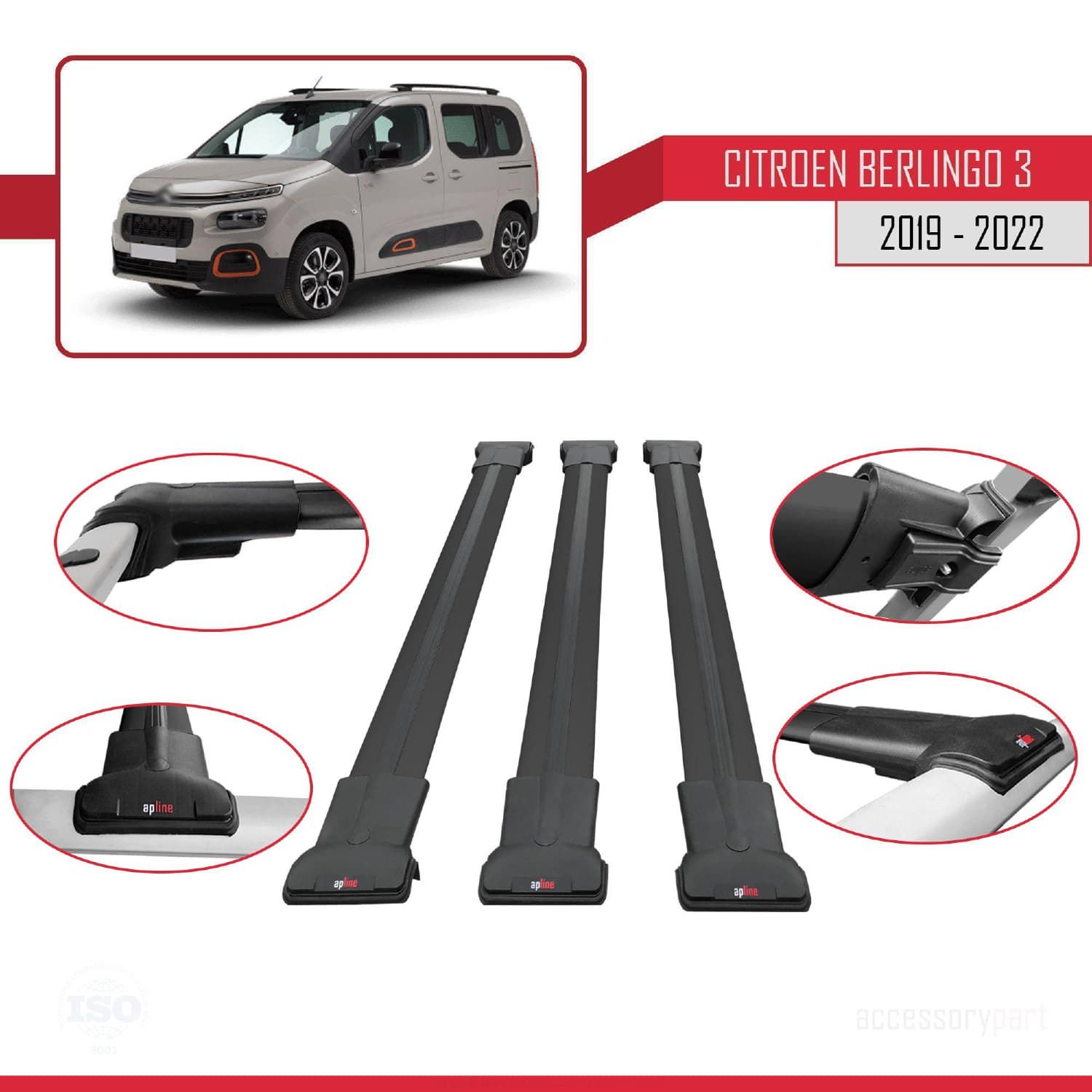 Citroen Berlingo 2019-2022 Arası ile Uyumlu FLY Model Ara Atkı Tavan Barı SİYAH 3 ADET BAR