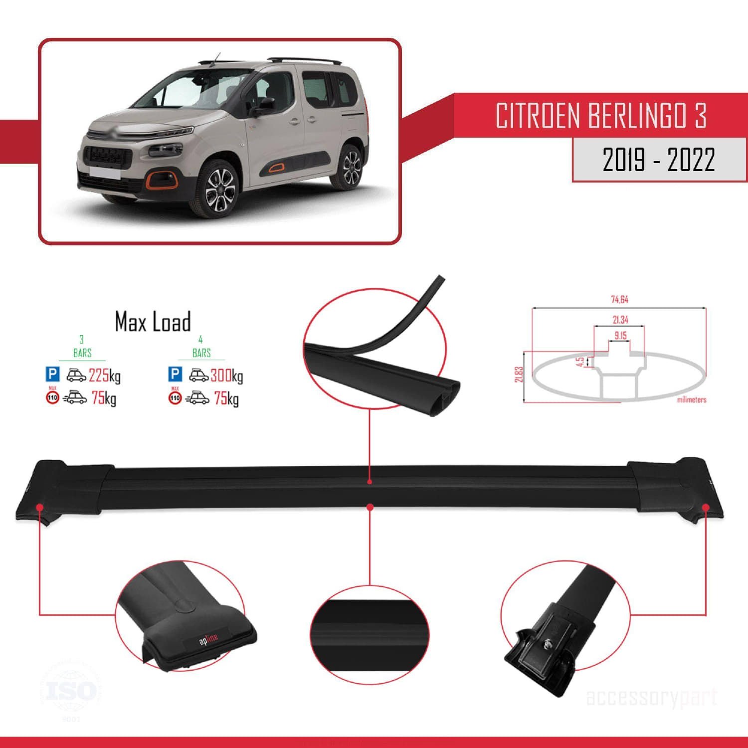 Citroen Berlingo 2019-2022 Arası ile Uyumlu FLY Model Ara Atkı Tavan Barı SİYAH 3 ADET BAR