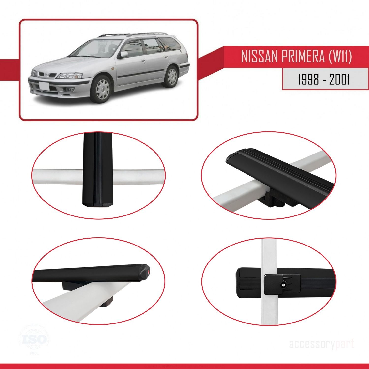 Nissan Primera (W11) 1998-2001 Arası ile uyumlu Basic Model Ara Atkı Tavan Barı SİYAH 3 ADET