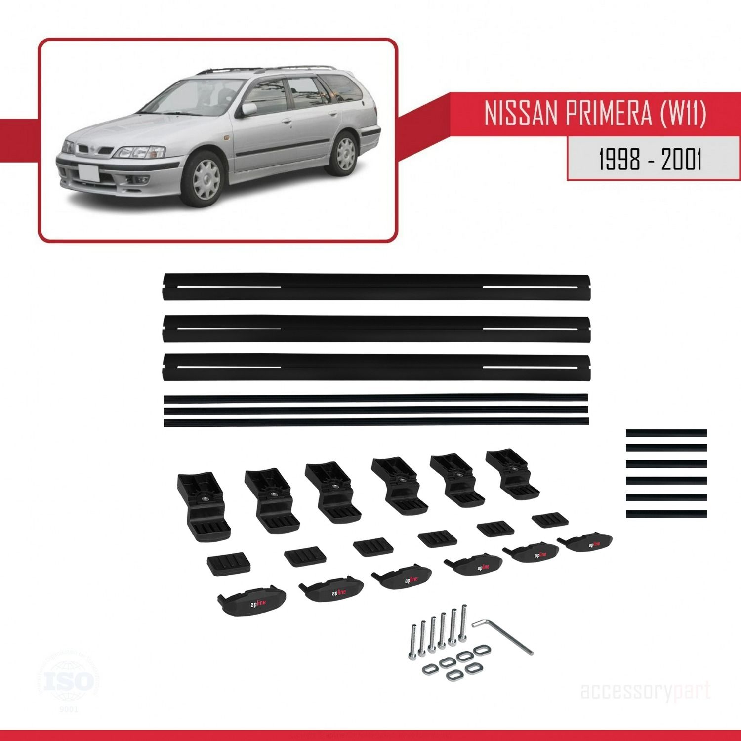 Nissan Primera (W11) 1998-2001 Arası ile uyumlu Basic Model Ara Atkı Tavan Barı SİYAH 3 ADET