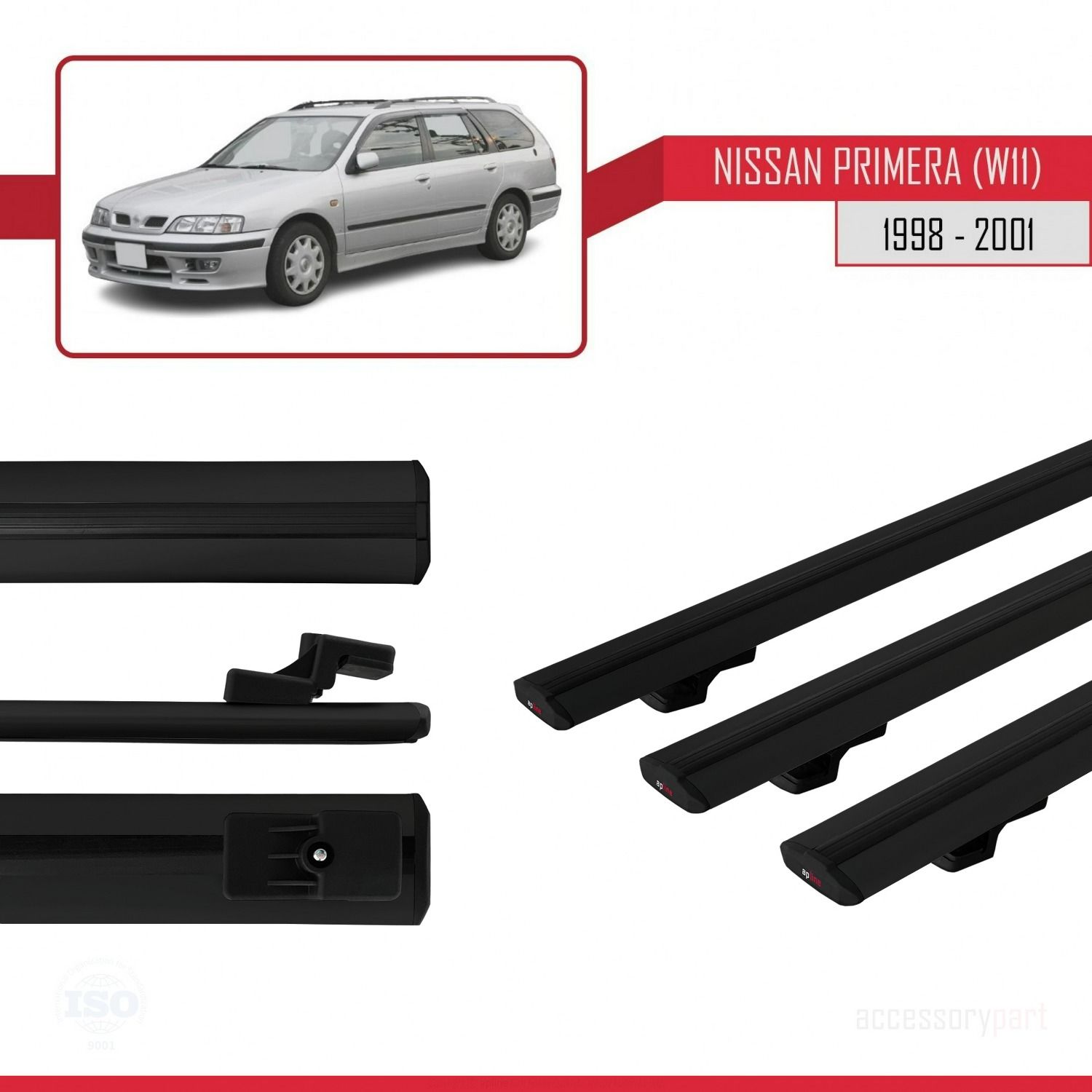 Nissan Primera (W11) 1998-2001 Arası ile uyumlu Basic Model Ara Atkı Tavan Barı SİYAH 3 ADET