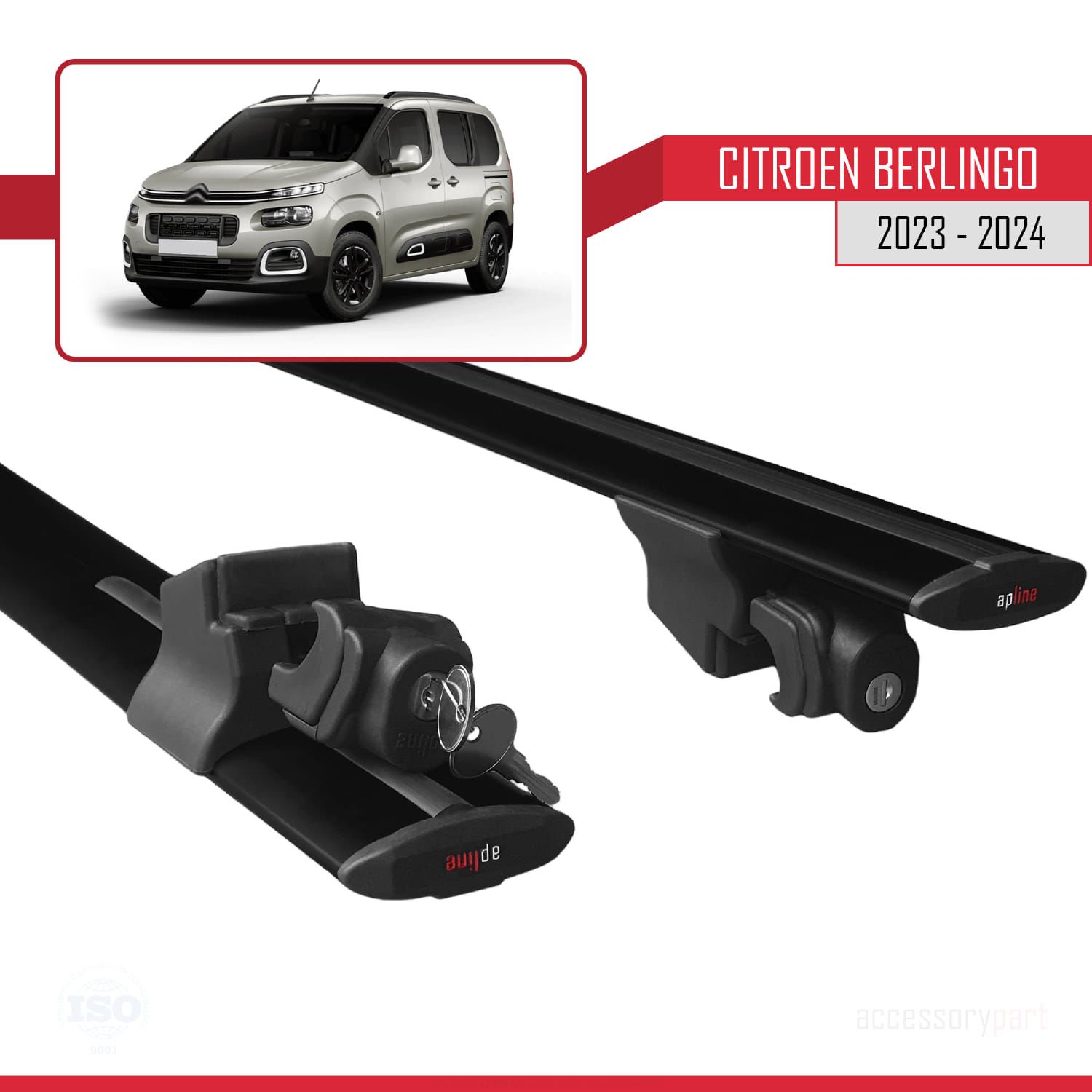 Citroen Berlingo 2023 ve Sonrası ile uyumlu HOOK Model Anahtar Kilitli Ara Atkı Tavan Barı SİYAH