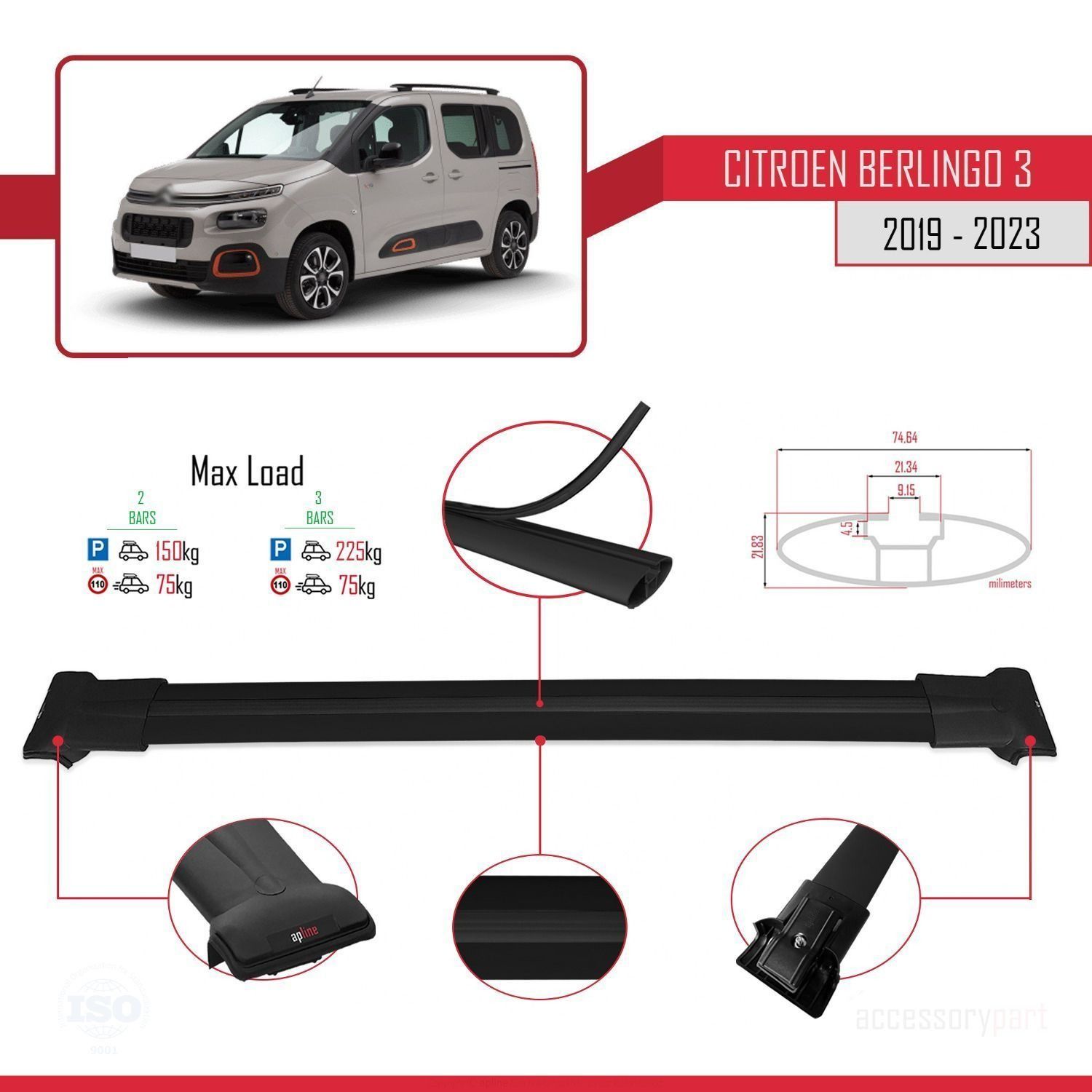 Citroen Berlingo 3 2019-2023 ile Uyumlu FLY Model Ara Atkı Tavan Barı SİYAH