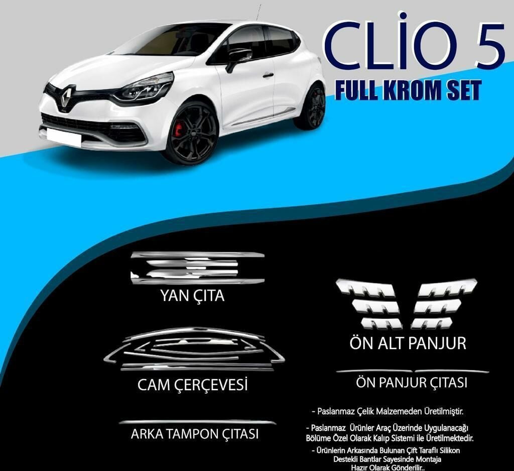 Renault Clio Uyumlu 5 Krom Set (Cam Çerçeve.-Yan Kapı Çıt.-Ön Alt Panjur-Arka Tamp Clio 5 (2019+)on Çıt.-Ön Panjur Çıt.) Parça