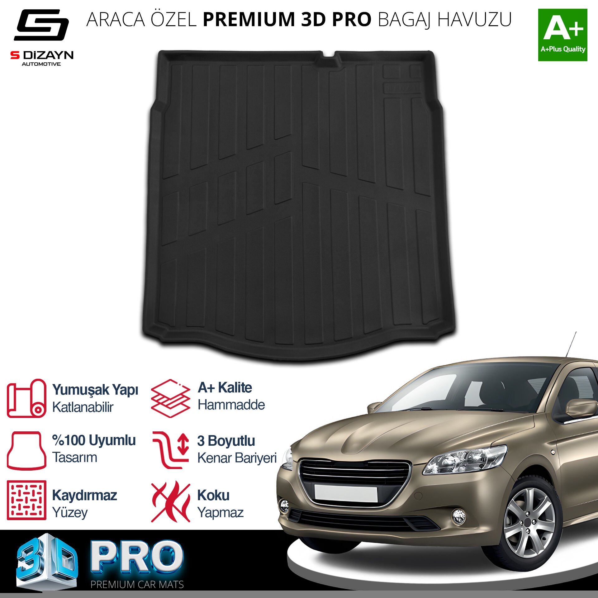 S-Dizayn Peugeot 301 3D Pro Bagaj Havuzu 2012 Üzeri A+ Kalite
