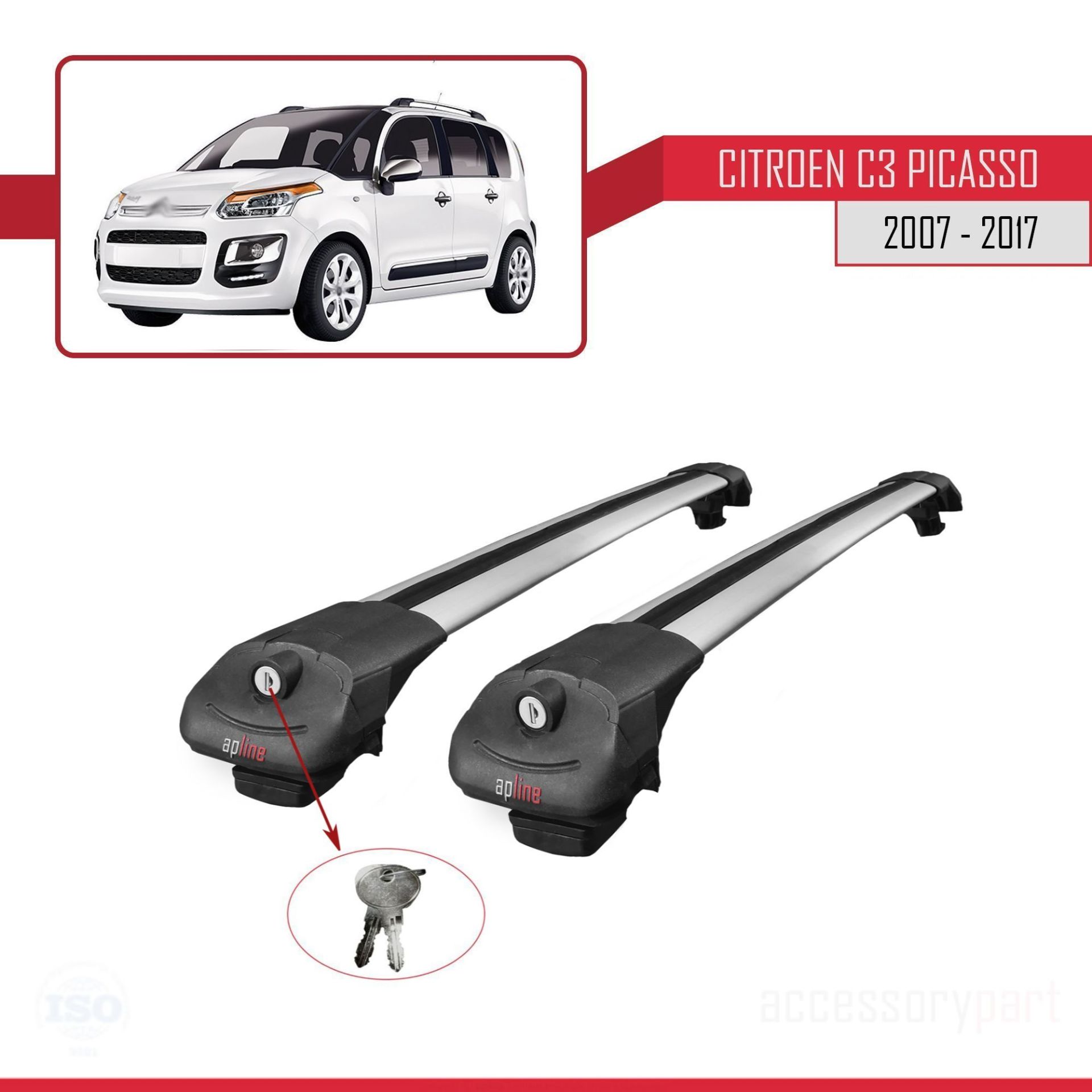 Citroen C3 Picasso 2007 - 2017 Arası ile uyumlu ACE-1 Ara Atkı Tavan Barı GRİ