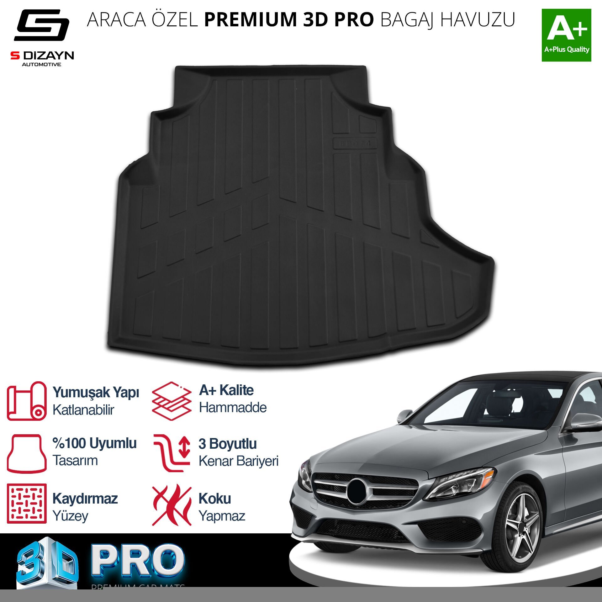 S-Dizayn Mercedes C200 W205 3D Pro Bagaj Havuzu 2014-2021 A+ Kalite