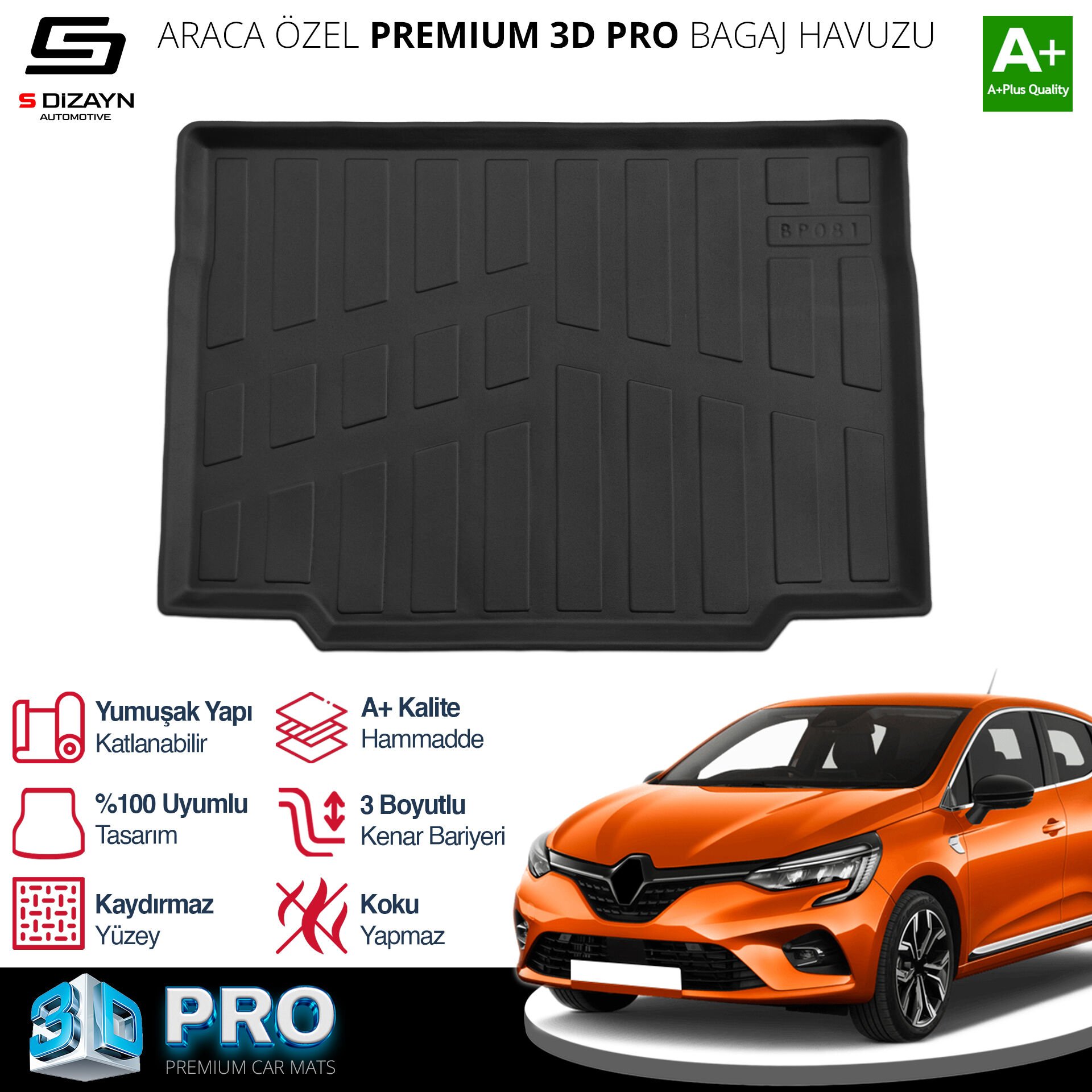 S-Dizayn Renault Clio 5 3D Pro Bagaj Havuzu 2019 Üzeri A+ Kalite