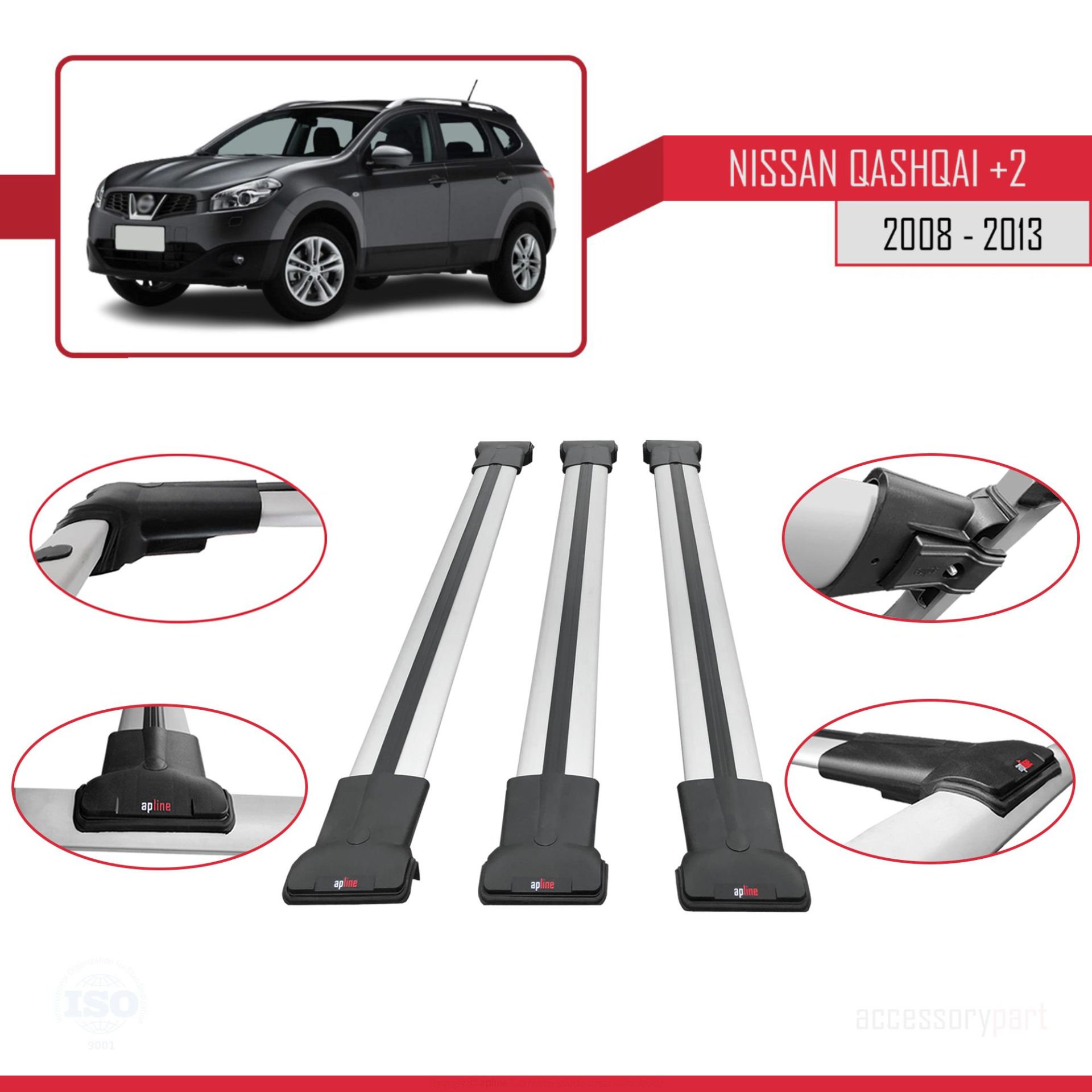 Nissan Qashqai +2 2008-2013 Arası ile uyumlu FLY Model Ara Atkı Tavan Barı GRİ 3 ADET BAR