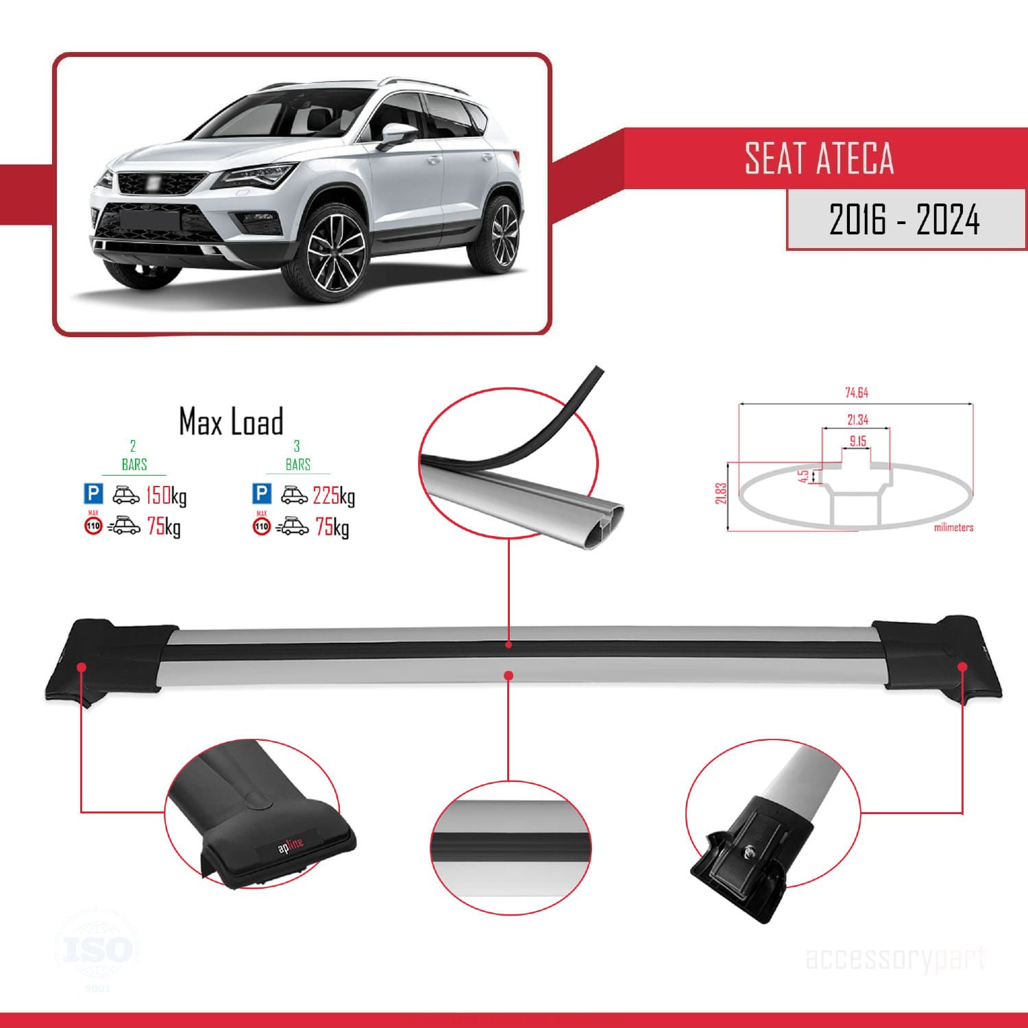 Seat Ateca 2016 ve Sonrası ile Uyumlu FLY Model Ara Atkı Tavan Barı GRİ