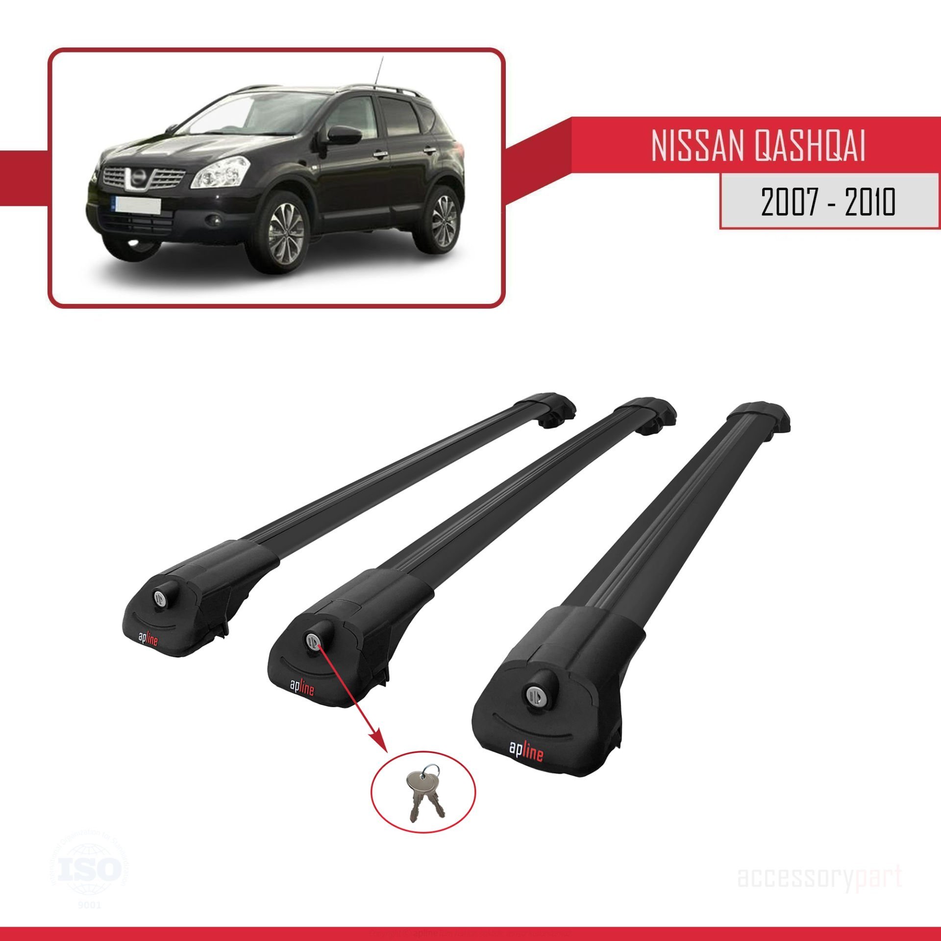 Nissan Qashqai 2007-2010 Arası ile uyumlu ACE-1 Ara Atkı Tavan Barı SİYAH 3 ADET BAR