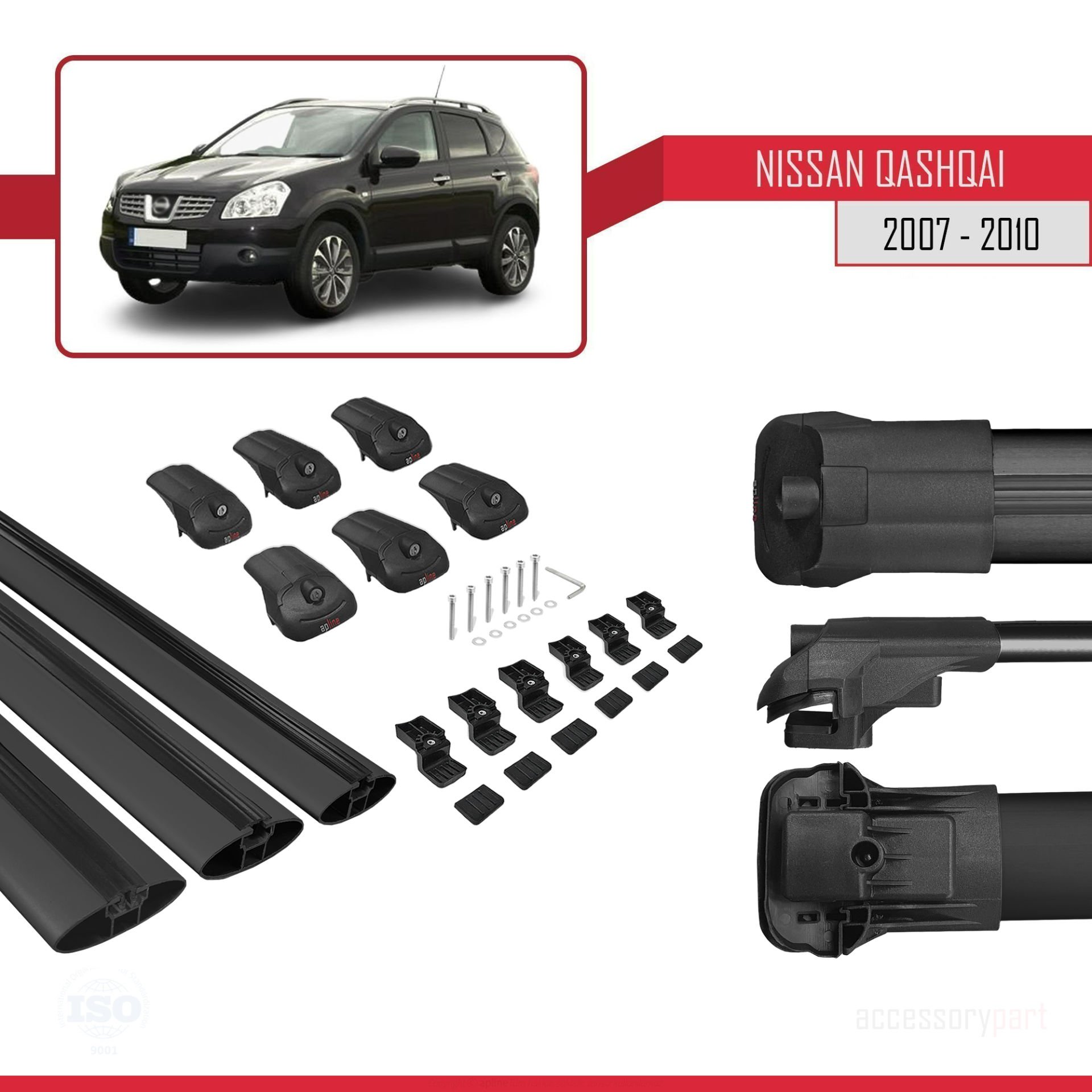 Nissan Qashqai 2007-2010 Arası ile uyumlu ACE-1 Ara Atkı Tavan Barı SİYAH 3 ADET BAR