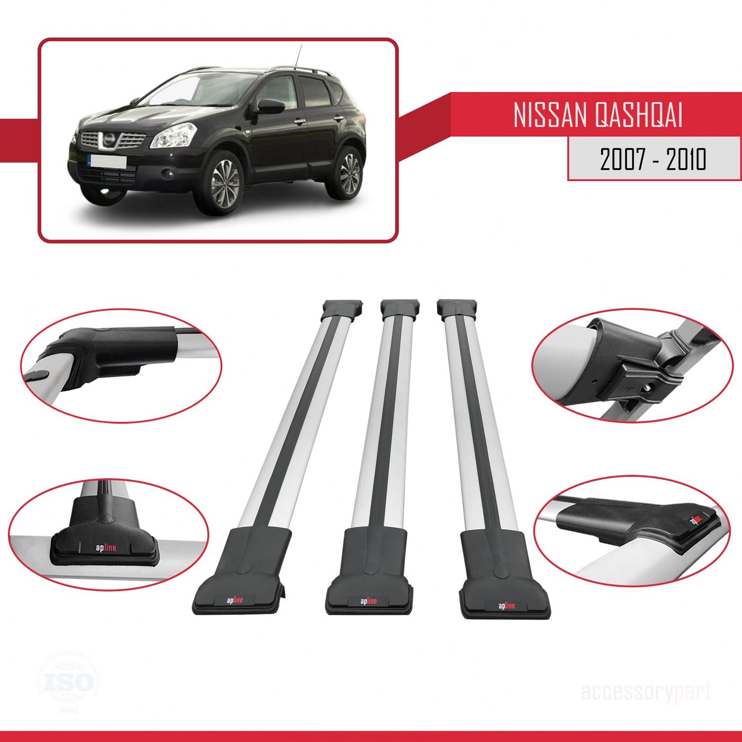 Nissan Qashqai 2007-2010 Arası ile Uyumlu FLY Model Ara Atkı Tavan Barı GRİ 3 ADET BAR