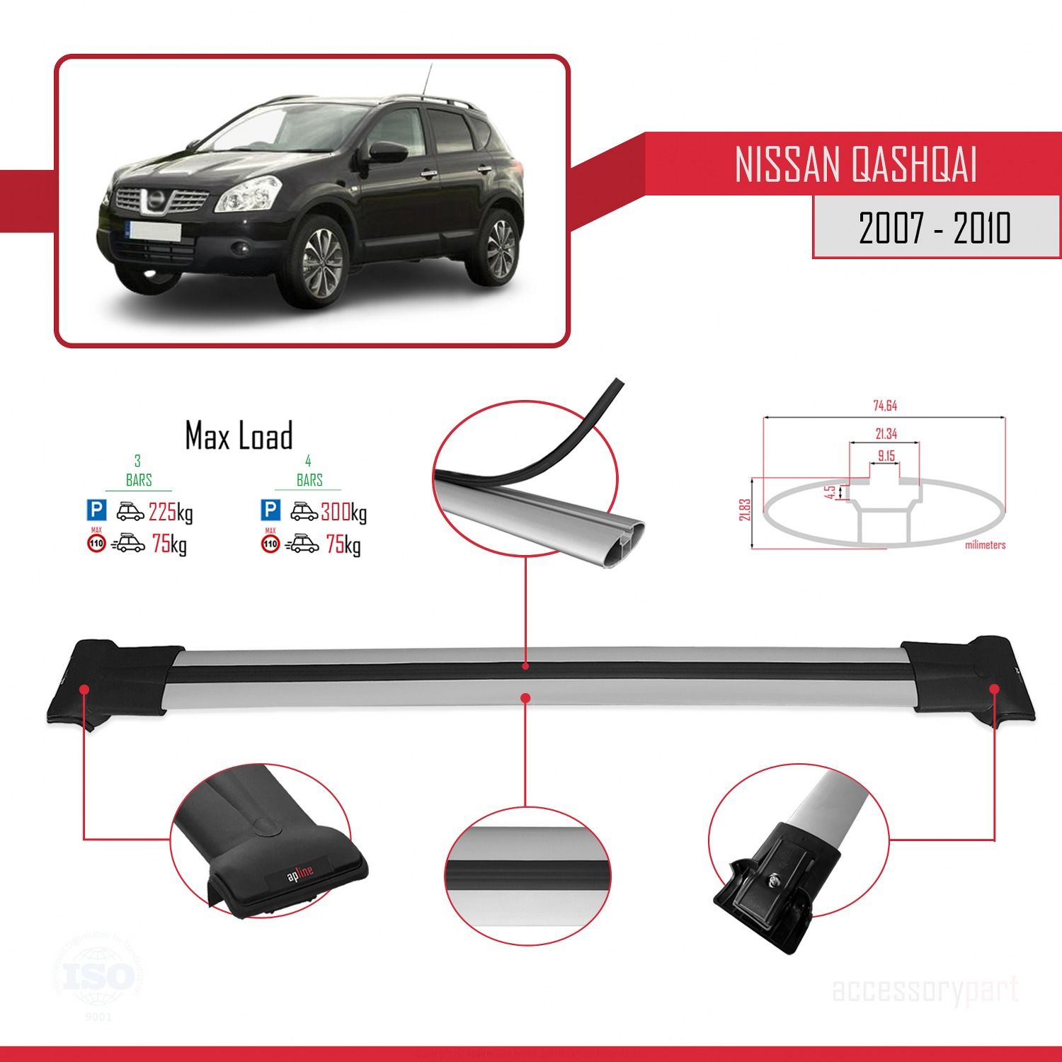 Nissan Qashqai 2007-2010 Arası ile Uyumlu FLY Model Ara Atkı Tavan Barı GRİ 3 ADET BAR
