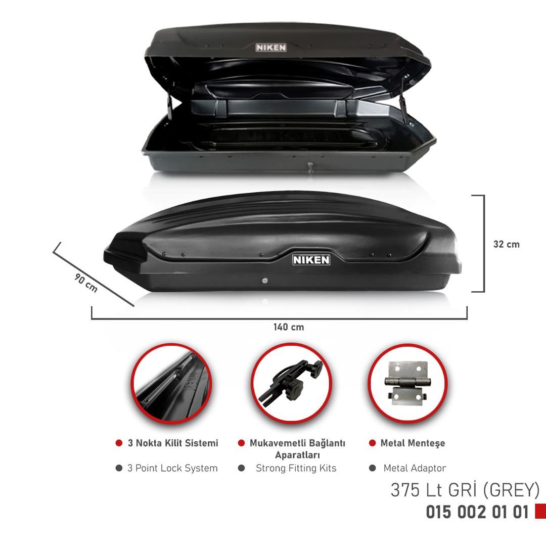 Niken Araç Uyumlu Üstü Port Bagaj Kapalı Tabut 3 Kilitli 375 Lot Siyah Parça