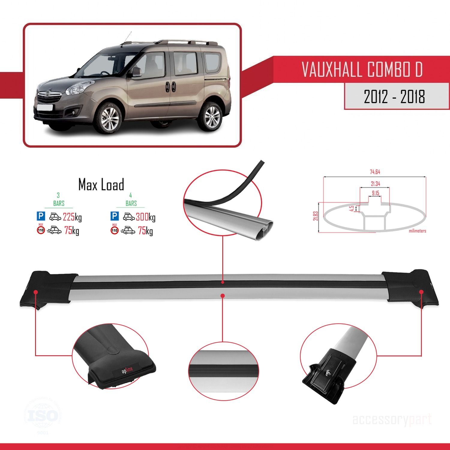 Vauxhall Combo D 2012-2018 Arası ile Uyumlu FLY Model Ara Atkı Tavan Barı GRİ 3 ADET BAR