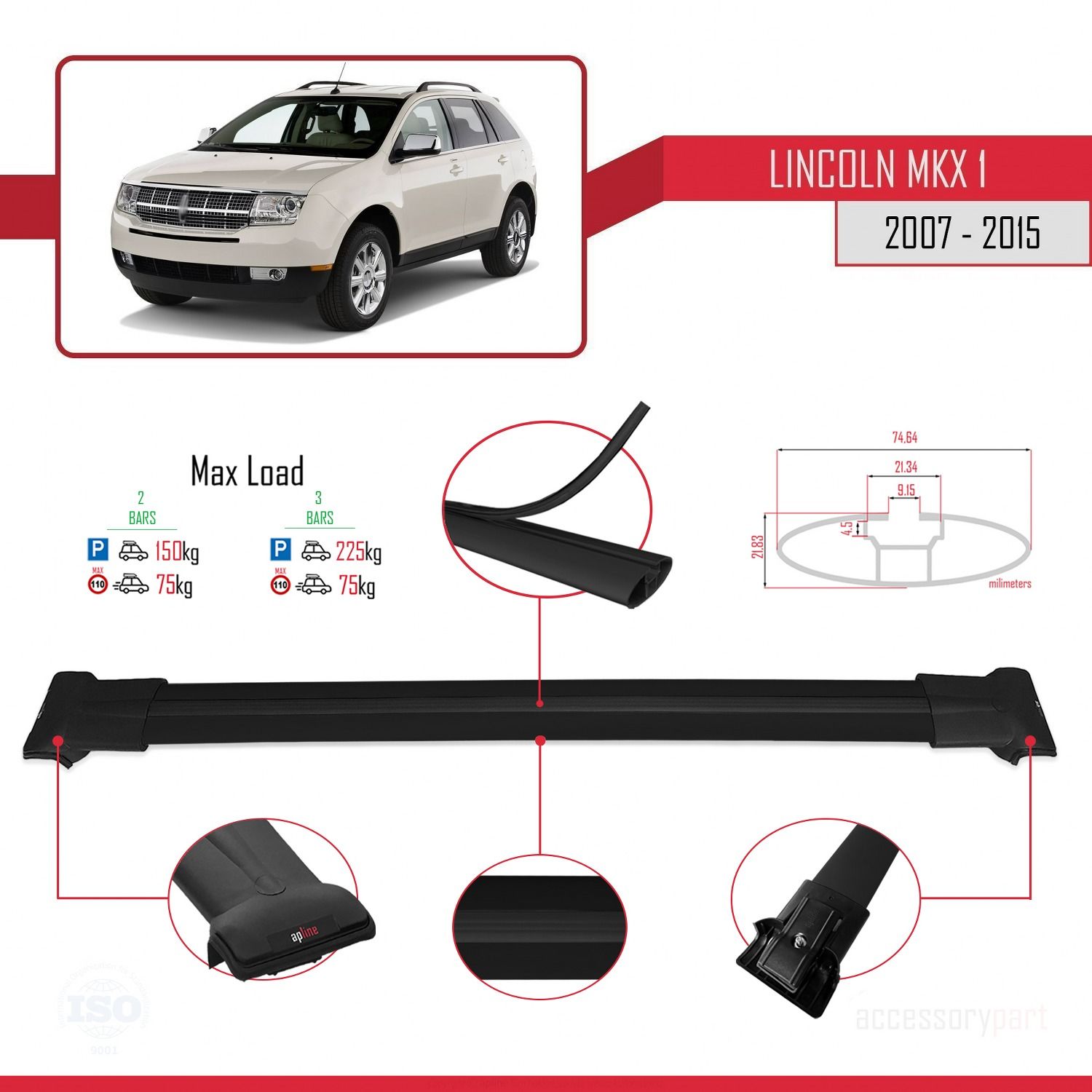 Lincoln MKX 2007-2015 Arası ile uyumlu FLY Model Ara Atkı Tavan Barı SİYAH