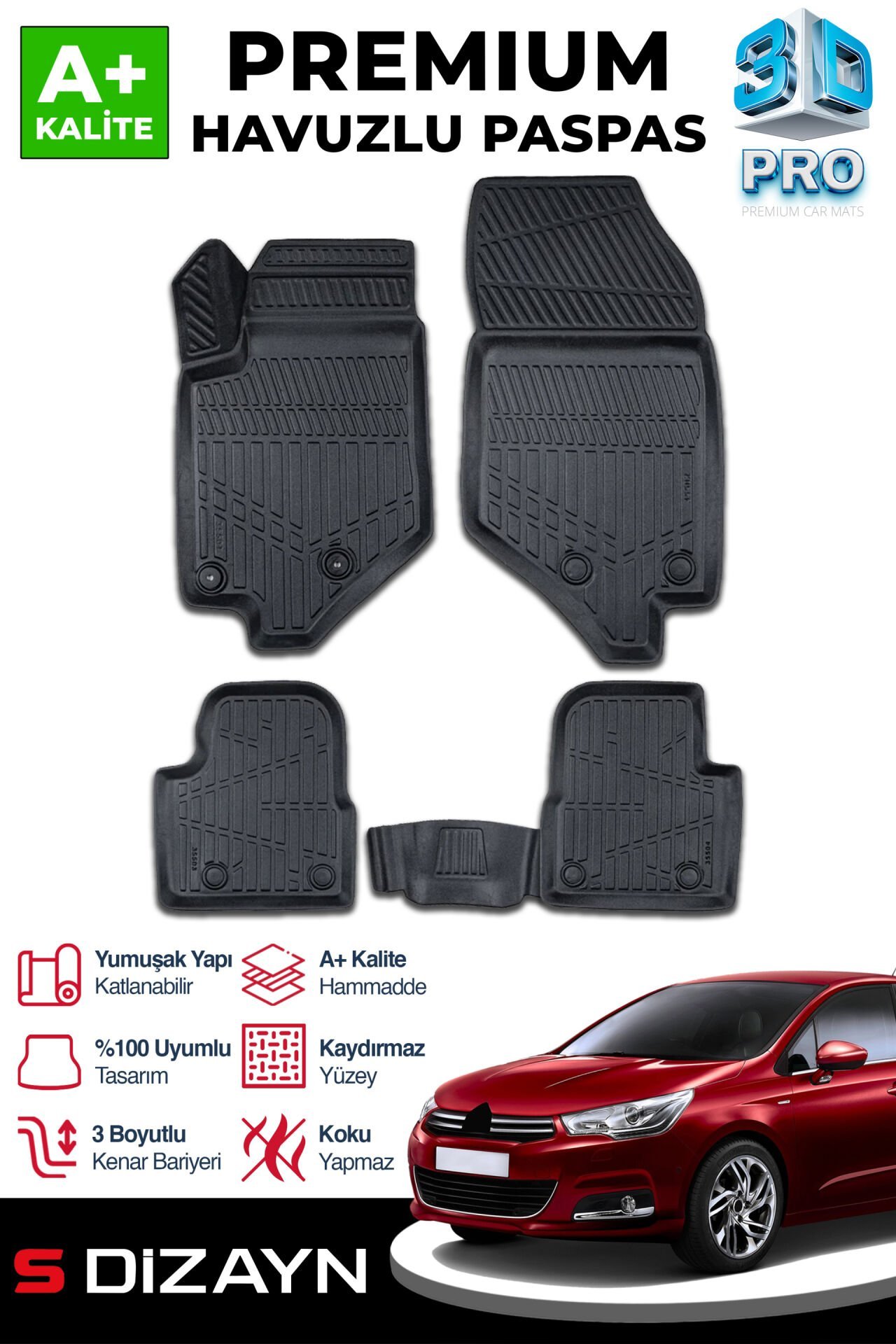 S-Dizayn Citroen C4 3D Pro Havuzlu Paspas 2010-2018 A+ Kalite