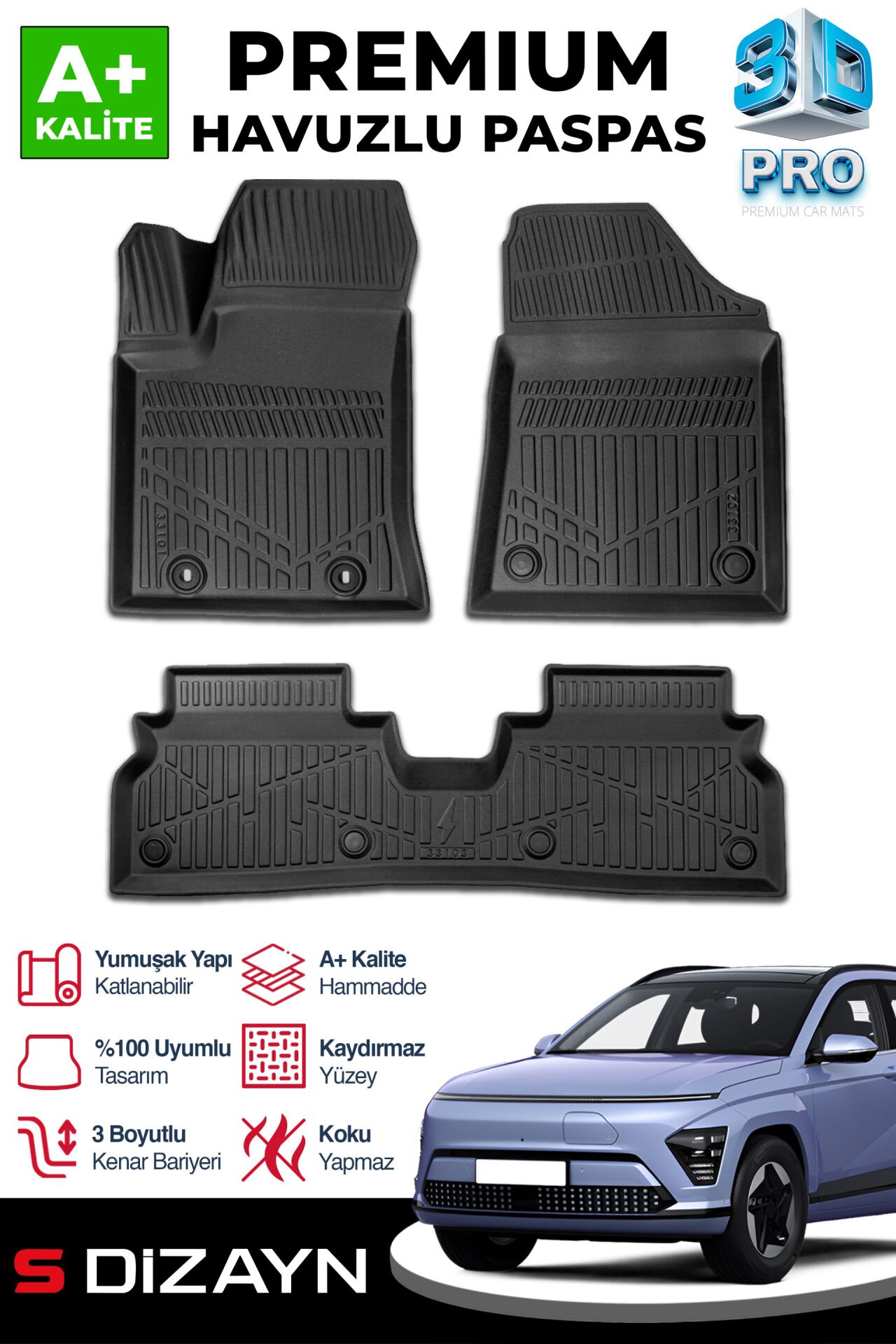 S-Dizayn Hyundai Kona Elektrikli 3D Pro Havuzlu Paspas 2024 Üzeri A+ Kalite