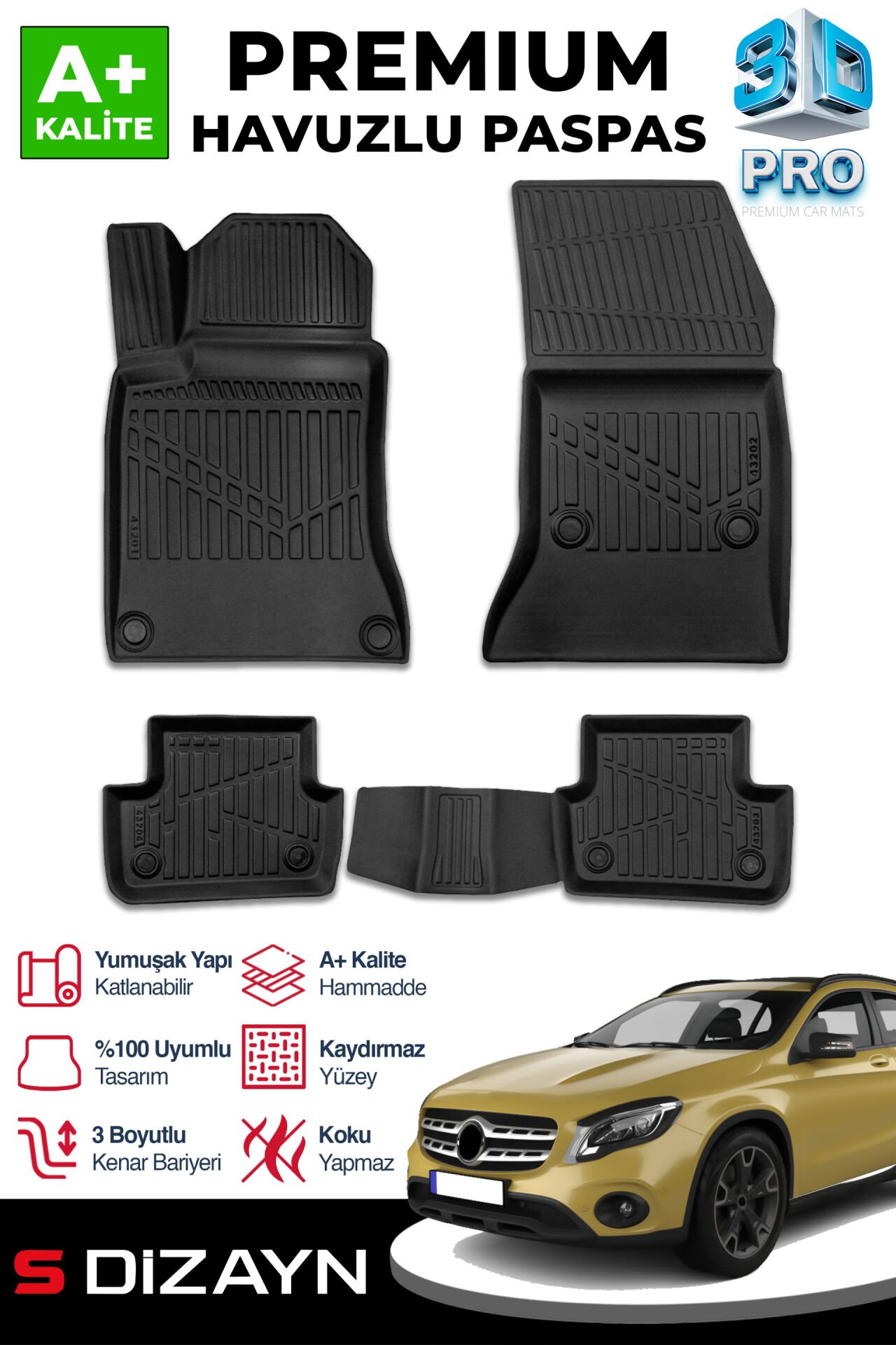 S-Dizayn Mercedes GLA 3D Pro Havuzlu Paspas 2014-2019 A+ Kalite