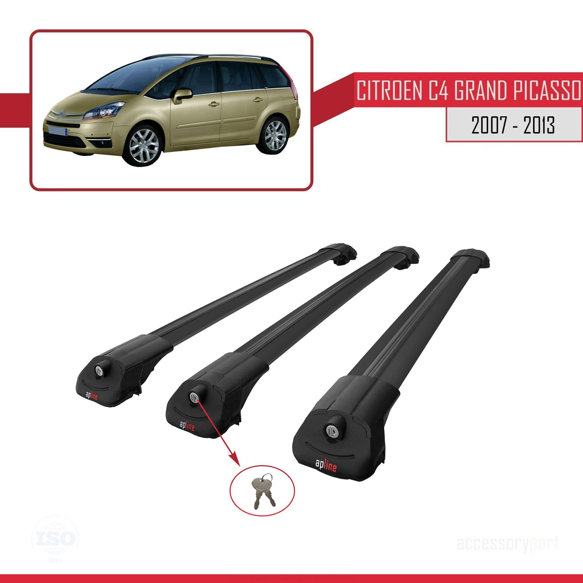 Citroen C4 Grand Picasso 2007-2013 Arası ile uyumlu ACE-1 Ara Atkı Tavan Barı SİYAH 3 ADET BAR