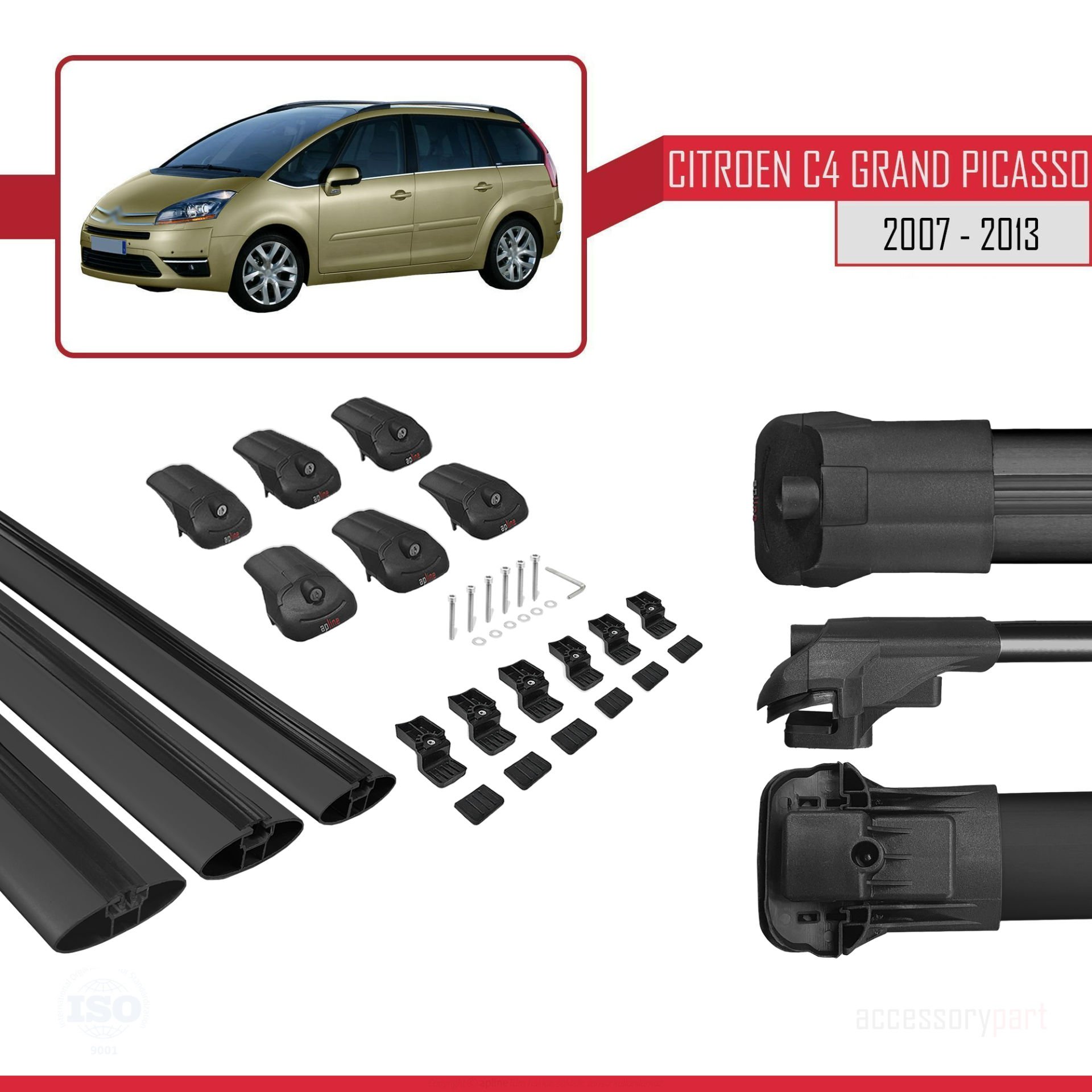 Citroen C4 Grand Picasso 2007-2013 Arası ile uyumlu ACE-1 Ara Atkı Tavan Barı SİYAH 3 ADET BAR