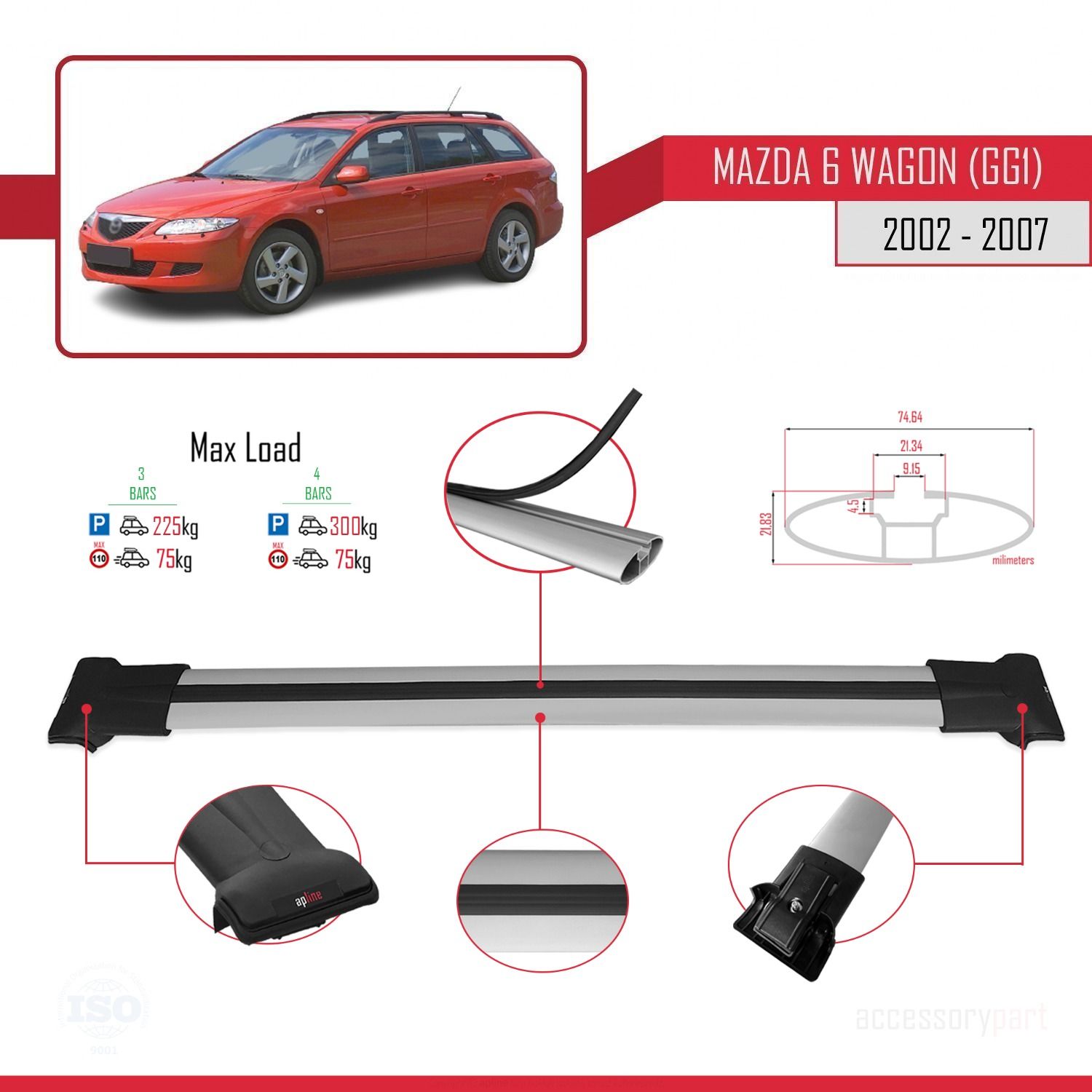 Mazda 6 (GG1) 2002-2007 Arası ile Uyumlu FLY Model Ara Atkı Tavan Barı GRİ 3 ADET BAR