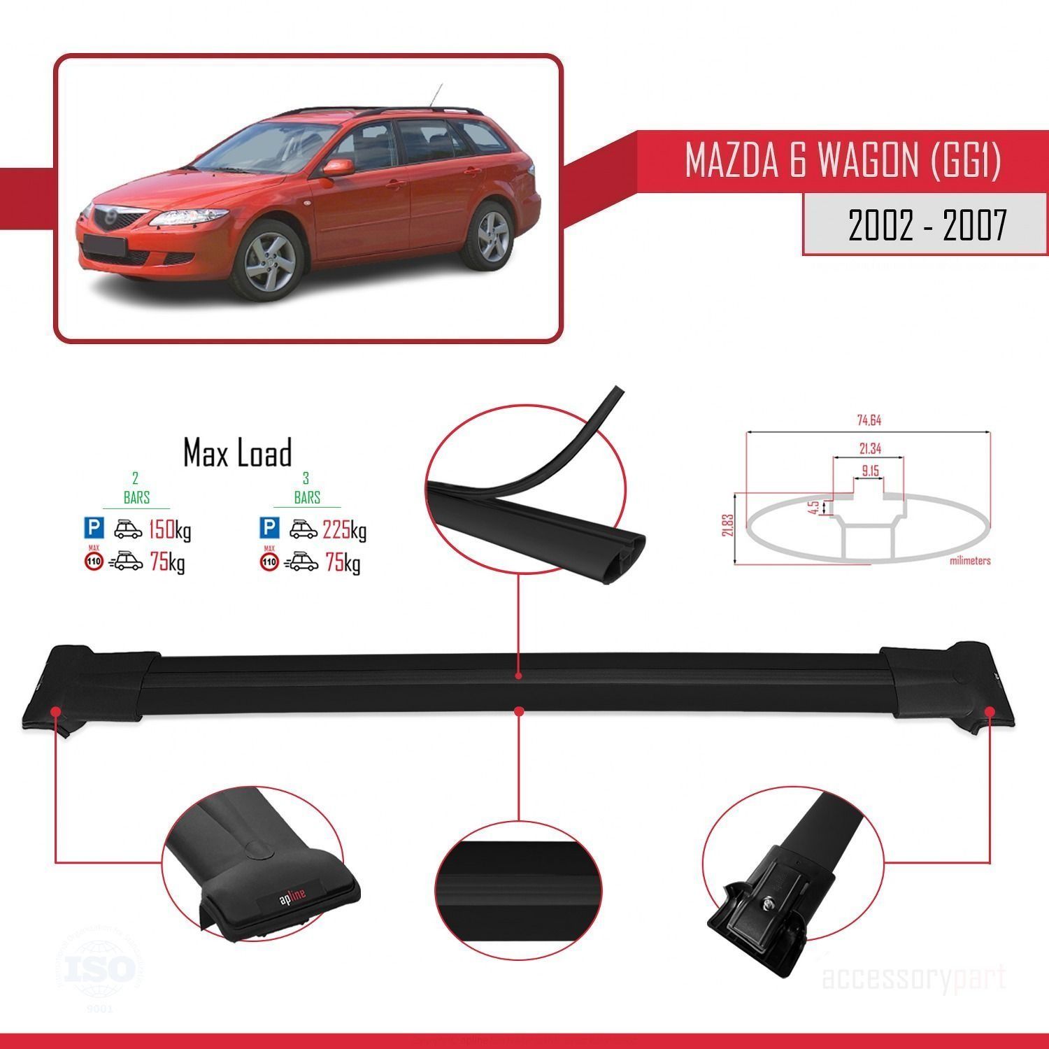 Mazda 6 (GG1) 2002-2007 Arası ile Uyumlu FLY Model Ara Atkı Tavan Barı SİYAH