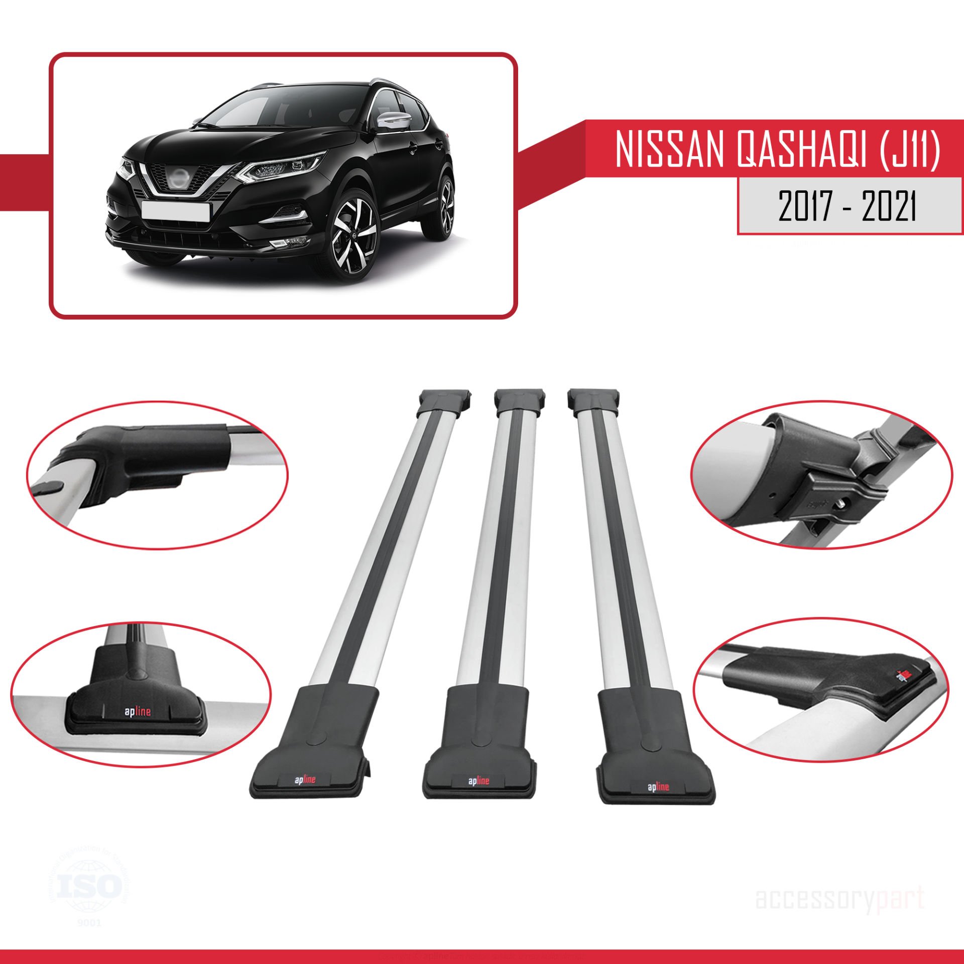 Nissan Qashqai 2017-2021 Arası ile Uyumlu FLY Model Ara Atkı Tavan Barı GRİ 3 ADET BAR