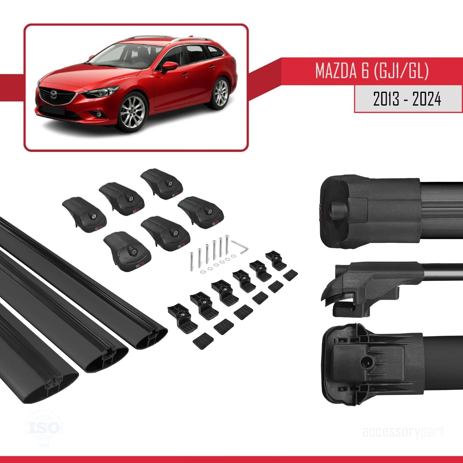 Mazda 6 (GJ1/GL) 2013 ve Sonrası ile uyumlu ACE-1 Ara Atkı Tavan Barı SİYAH 3 ADET BAR