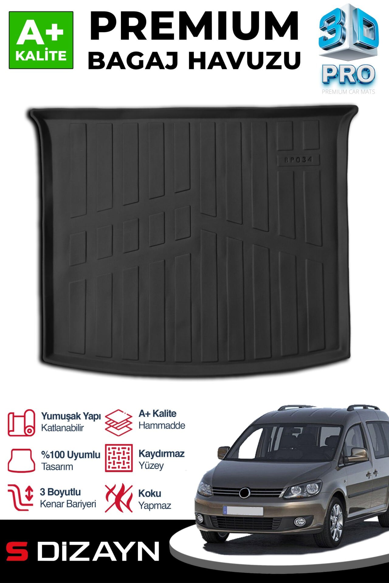 S-Dizayn VW Caddy 3D Pro Bagaj Havuzu 2010-2015 A+ Kalite