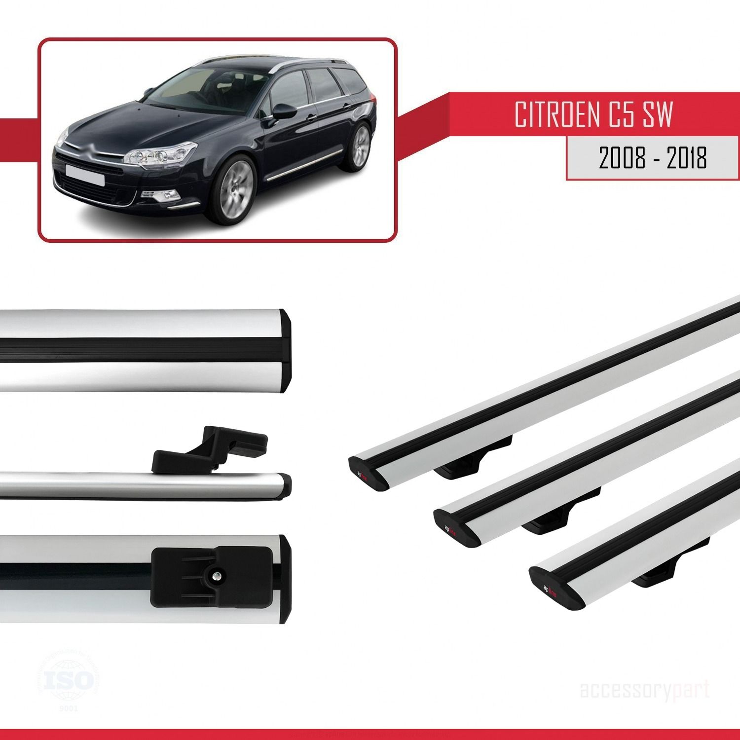 Citroen C5 SW 2008-2018 Arası ile uyumlu Basic Model Ara Atkı Tavan Barı GRİ 3 ADET