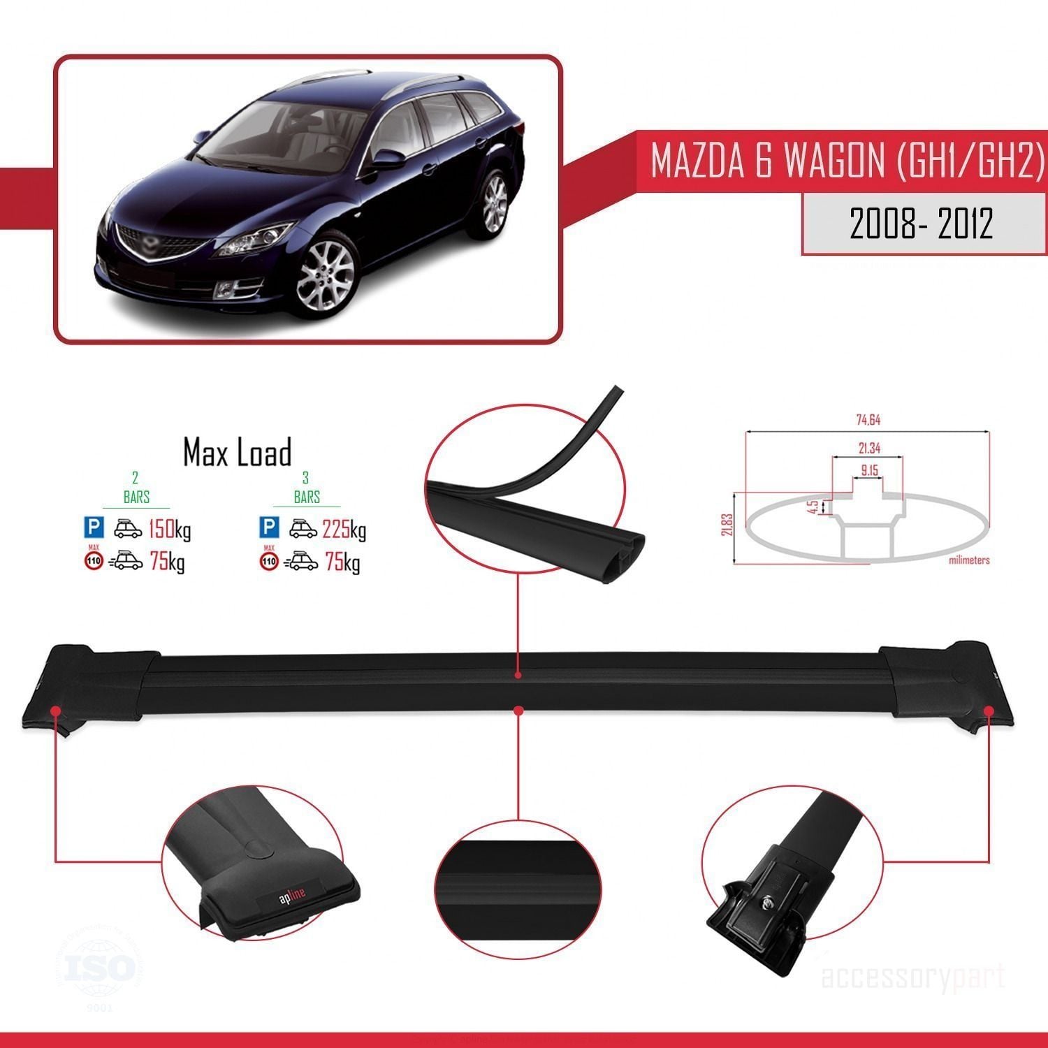 Mazda 6 Wagon (GH1/GH2) 2008-2012 Arası ile Uyumlu FLY Model Ara Atkı Tavan Barı SİYAH