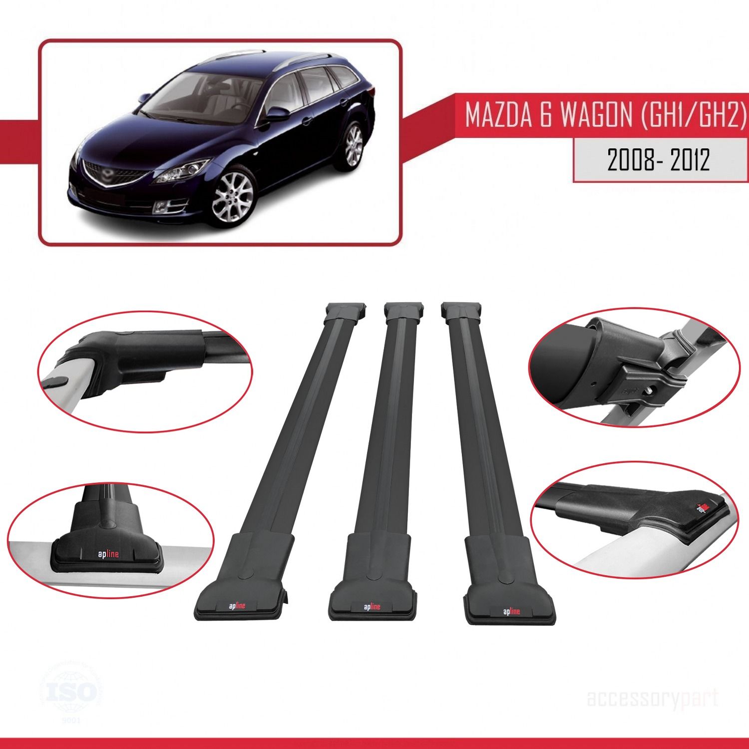 Mazda 6 Wagon (GH1/GH2) 2008-2012 Arası ile Uyumlu FLY Model Ara Atkı Tavan Barı SİYAH 3 ADET BAR
