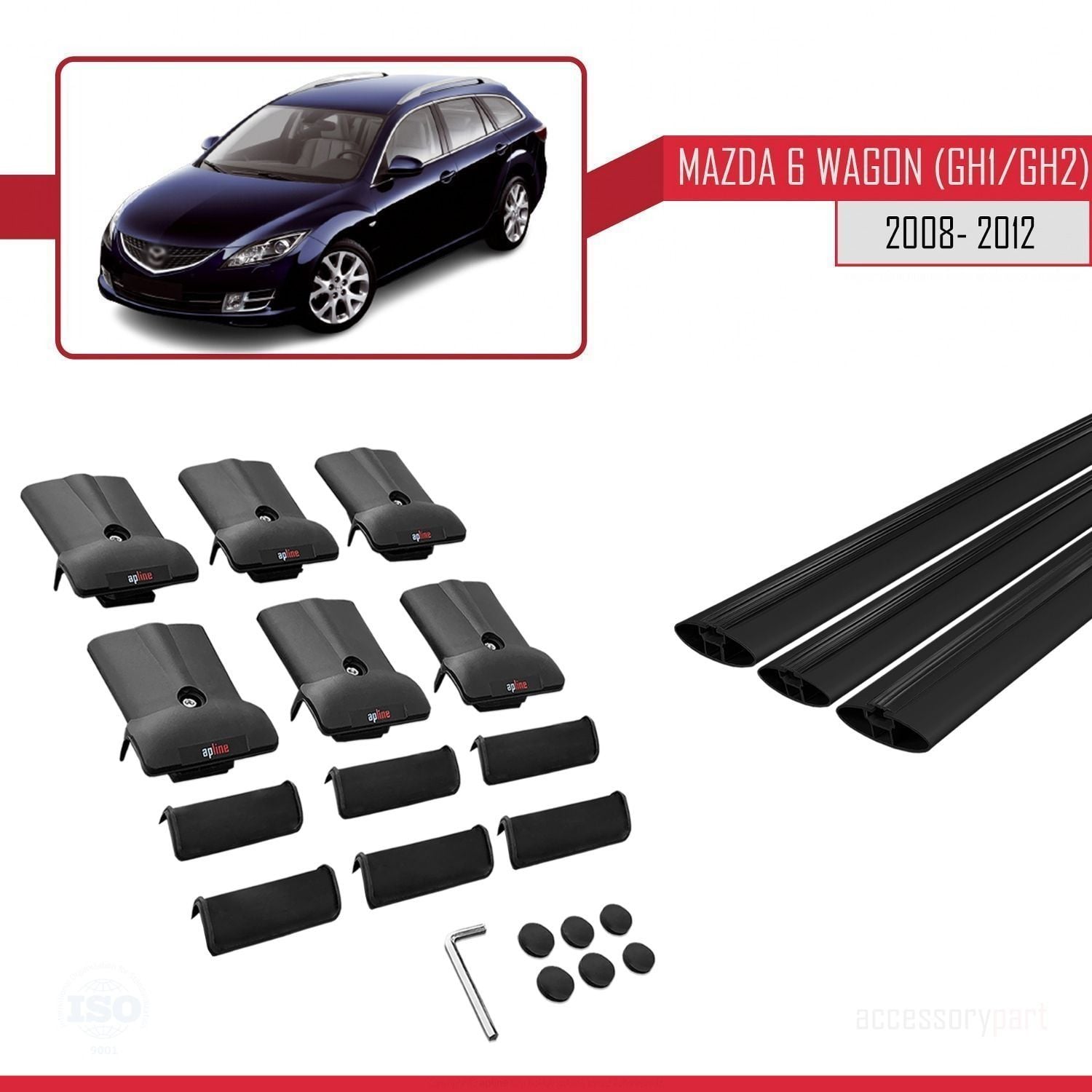 Mazda 6 Wagon (GH1/GH2) 2008-2012 Arası ile Uyumlu FLY Model Ara Atkı Tavan Barı SİYAH 3 ADET BAR