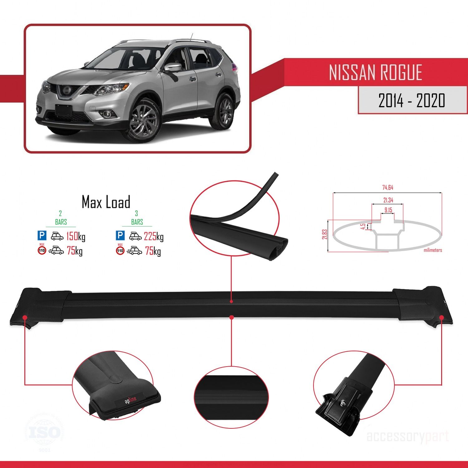 Nissan Rogue 2014-2020 Arası ile uyumlu FLY Model Ara Atkı Tavan Barı SİYAH