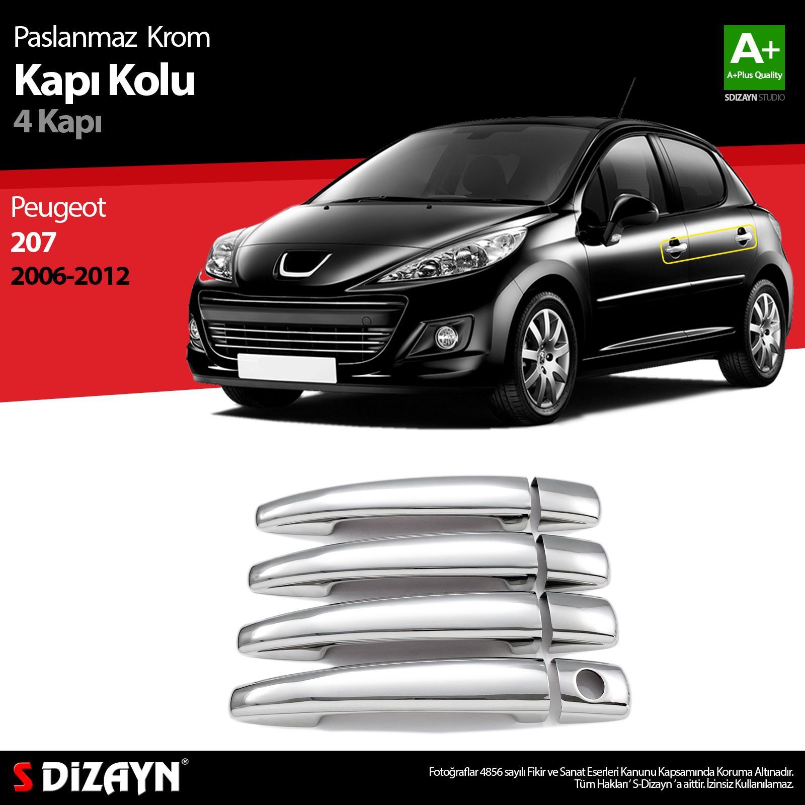 Peugeot 207 Uyumlu Krom Kapı Kolu 4 Kapı 2006-2012