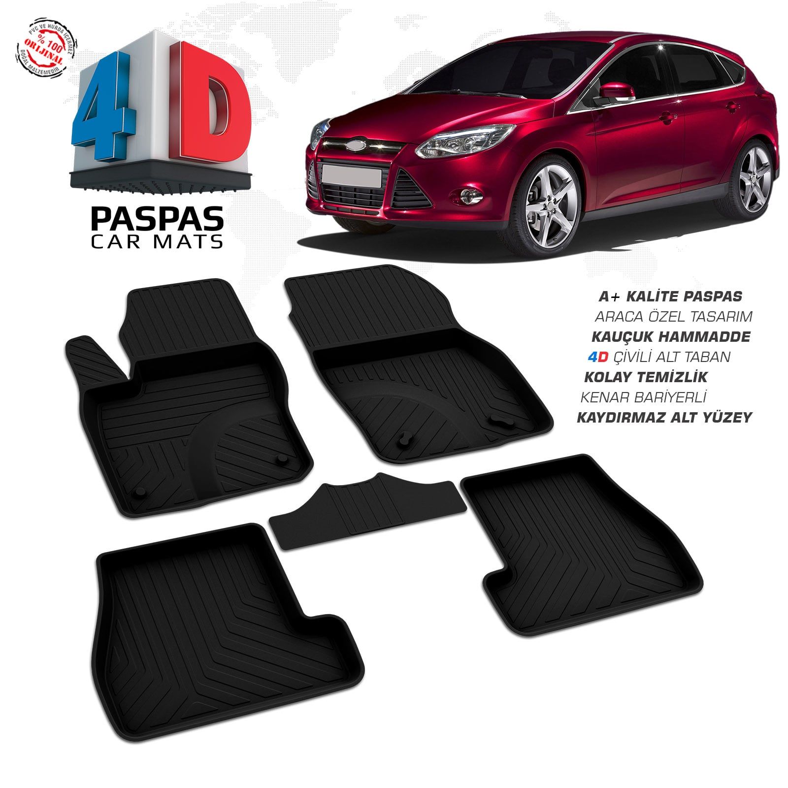 Ford Focus 3 HB 4D Araca Özel Havuzlu Kauçuk Paspas 2011-2014