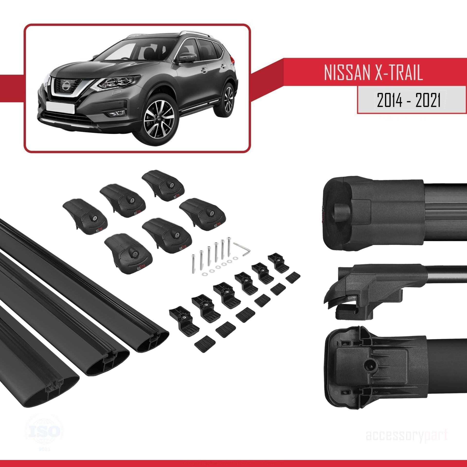 Nissan X-Trail 2014-2021 Arası ile uyumlu ACE-1 Ara Atkı Tavan Barı SİYAH 3 ADET BAR