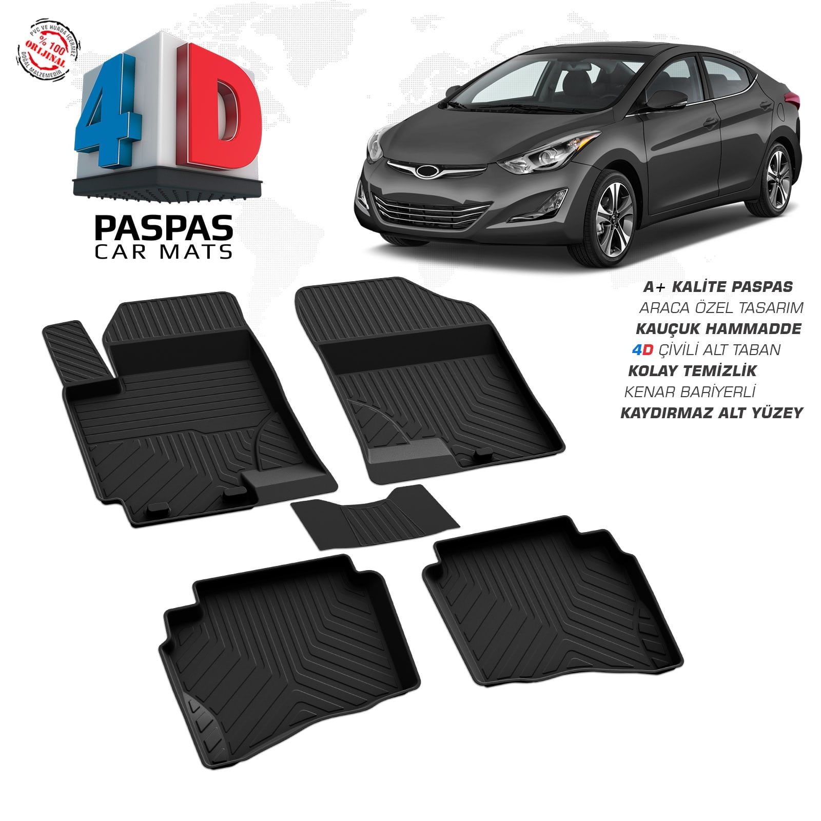 Hyundai Elantra 4D Araca Özel Havuzlu Kauçuk Paspas 2015-2020