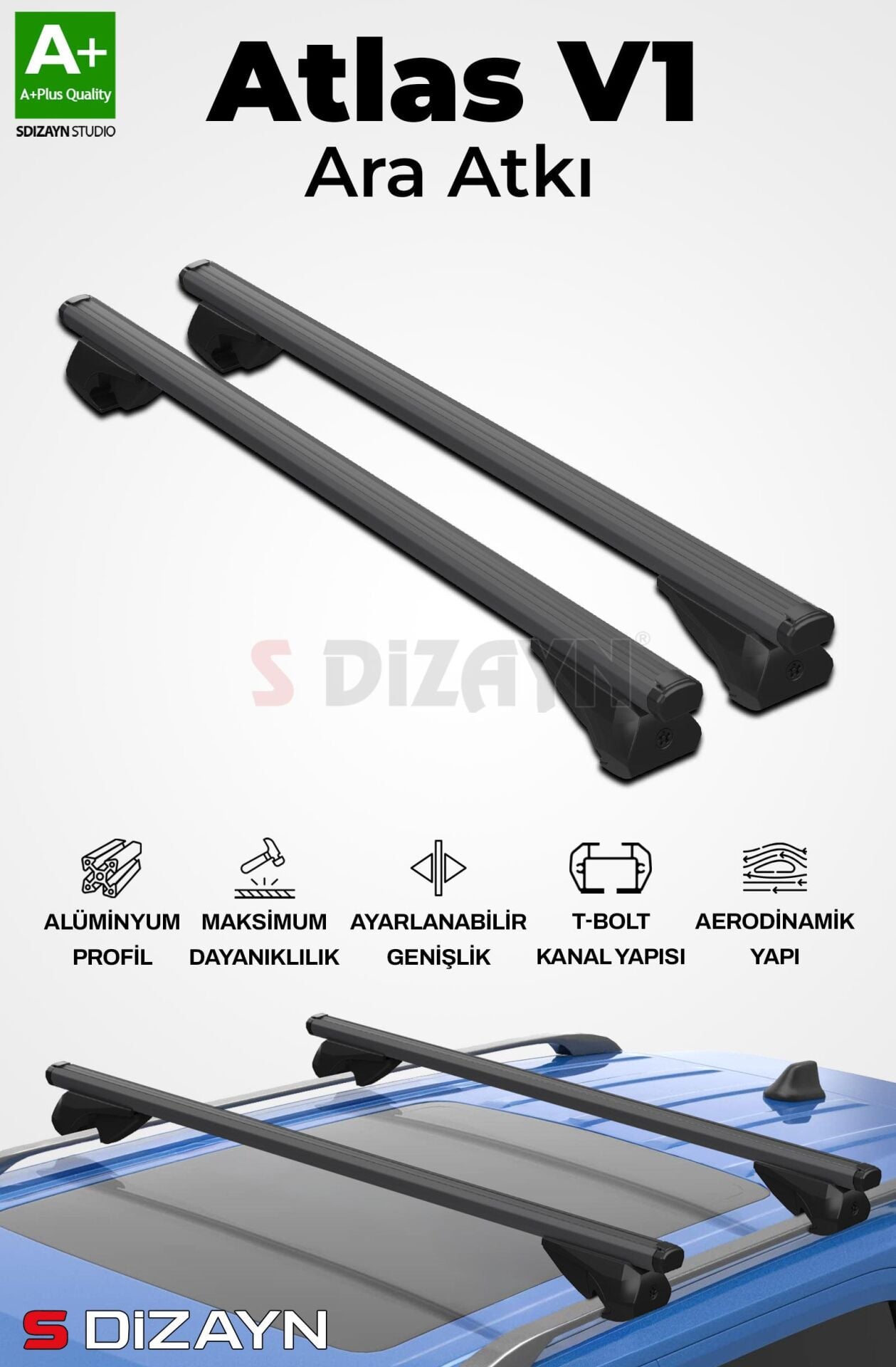S-Dizayn Mitsubishi Pajero Sport S-Bar Atlas V1 Ara Atkı Tavan Taşıyıcı Barı Siyah 130 Cm 2008-2016 A+ Kalite