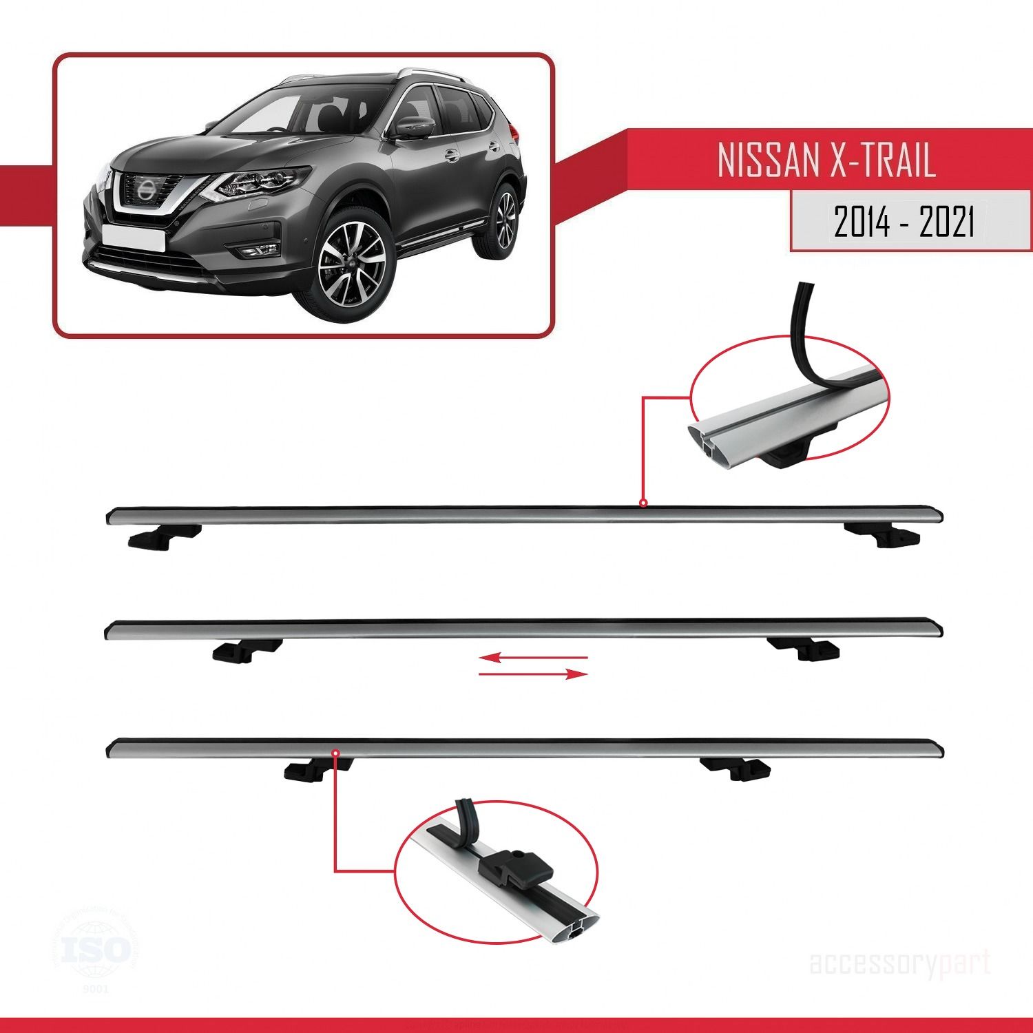 Nissan X-Trail 2014-2021 Arası ile uyumlu Basic Model Ara Atkı Tavan Barı GRİ 3 ADET
