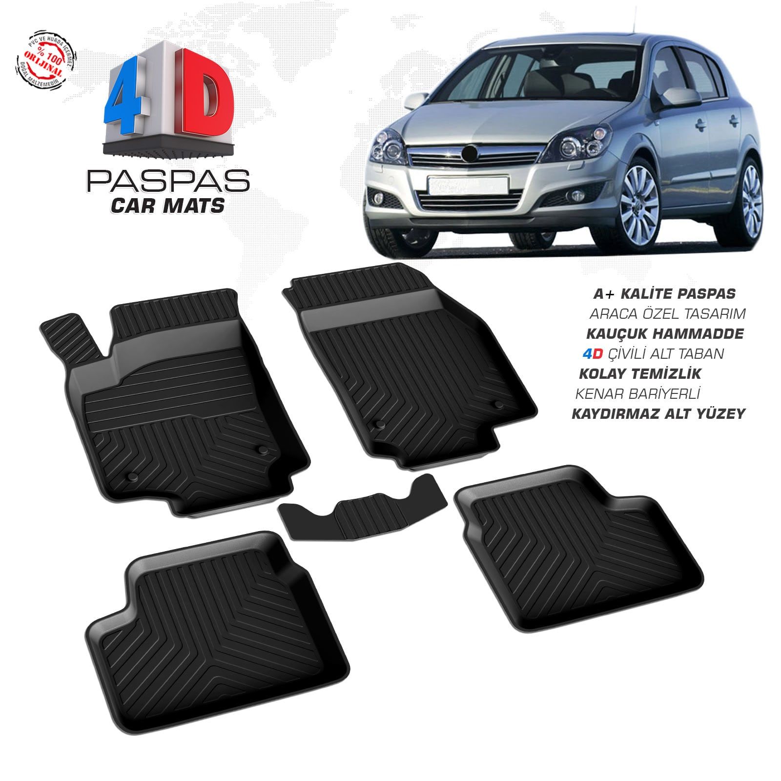 Opel Astra H HB 4D Araca Özel Havuzlu Kauçuk Paspas 2004 ve Üzeri