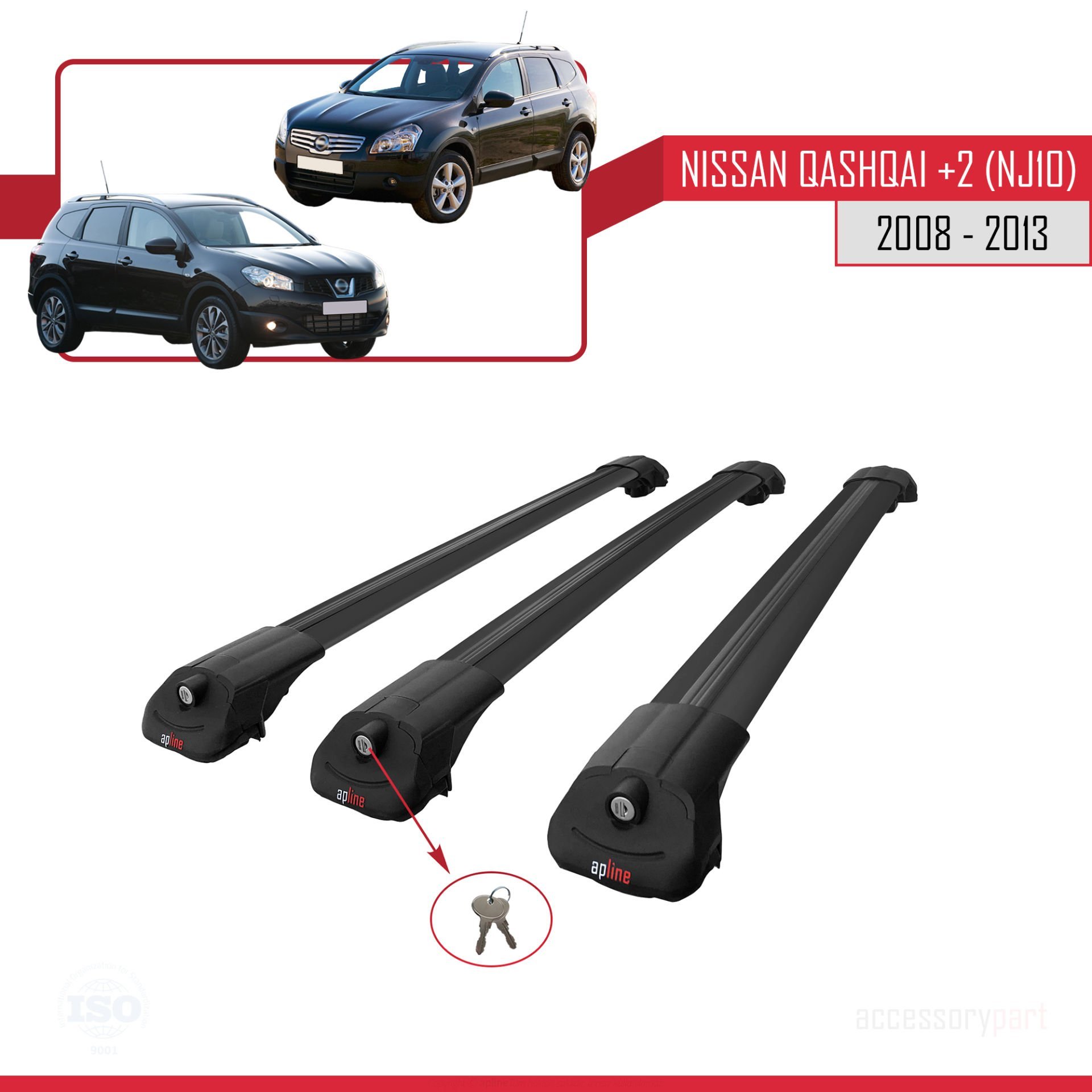 Nisssan Qashqai +2 (NJ10) 2008-2013 Arası ile uyumlu ACE-1 Ara Atkı Tavan Barı SİYAH 3 ADET BAR