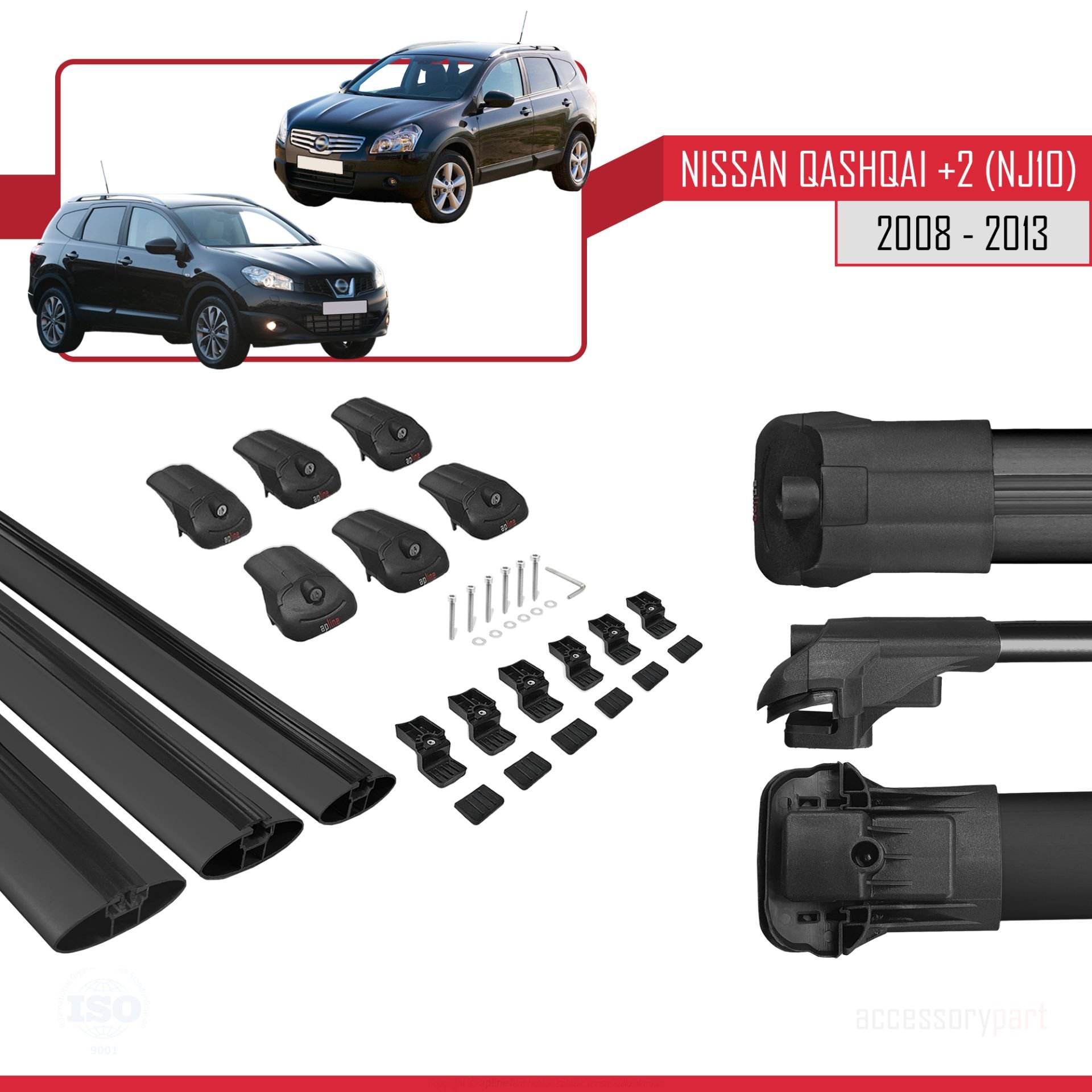 Nisssan Qashqai +2 (NJ10) 2008-2013 Arası ile uyumlu ACE-1 Ara Atkı Tavan Barı SİYAH 3 ADET BAR