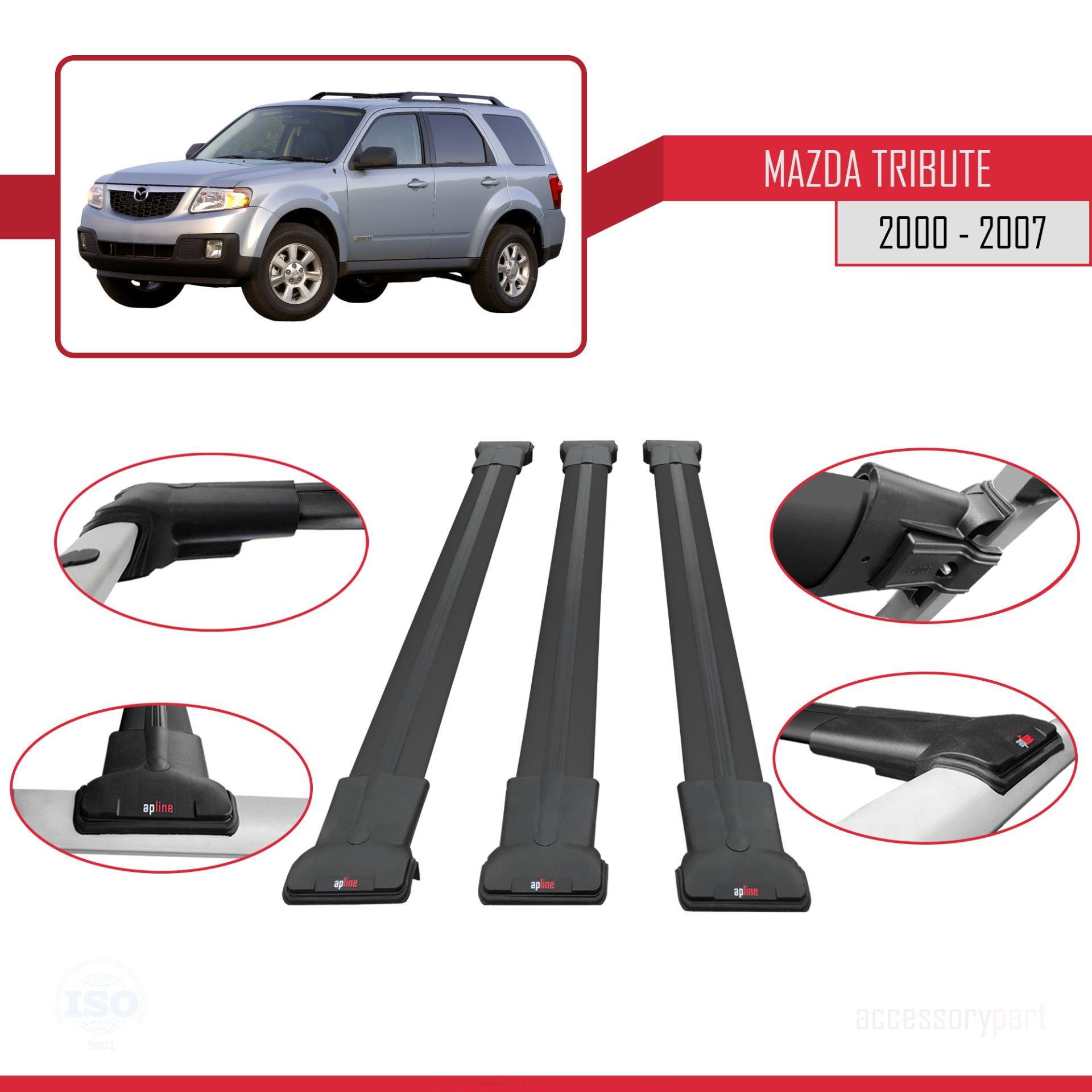 Mazda Tribute 2000-2007 Arası ile Uyumlu FLY Model Ara Atkı Tavan Barı SİYAH 3 ADET BAR